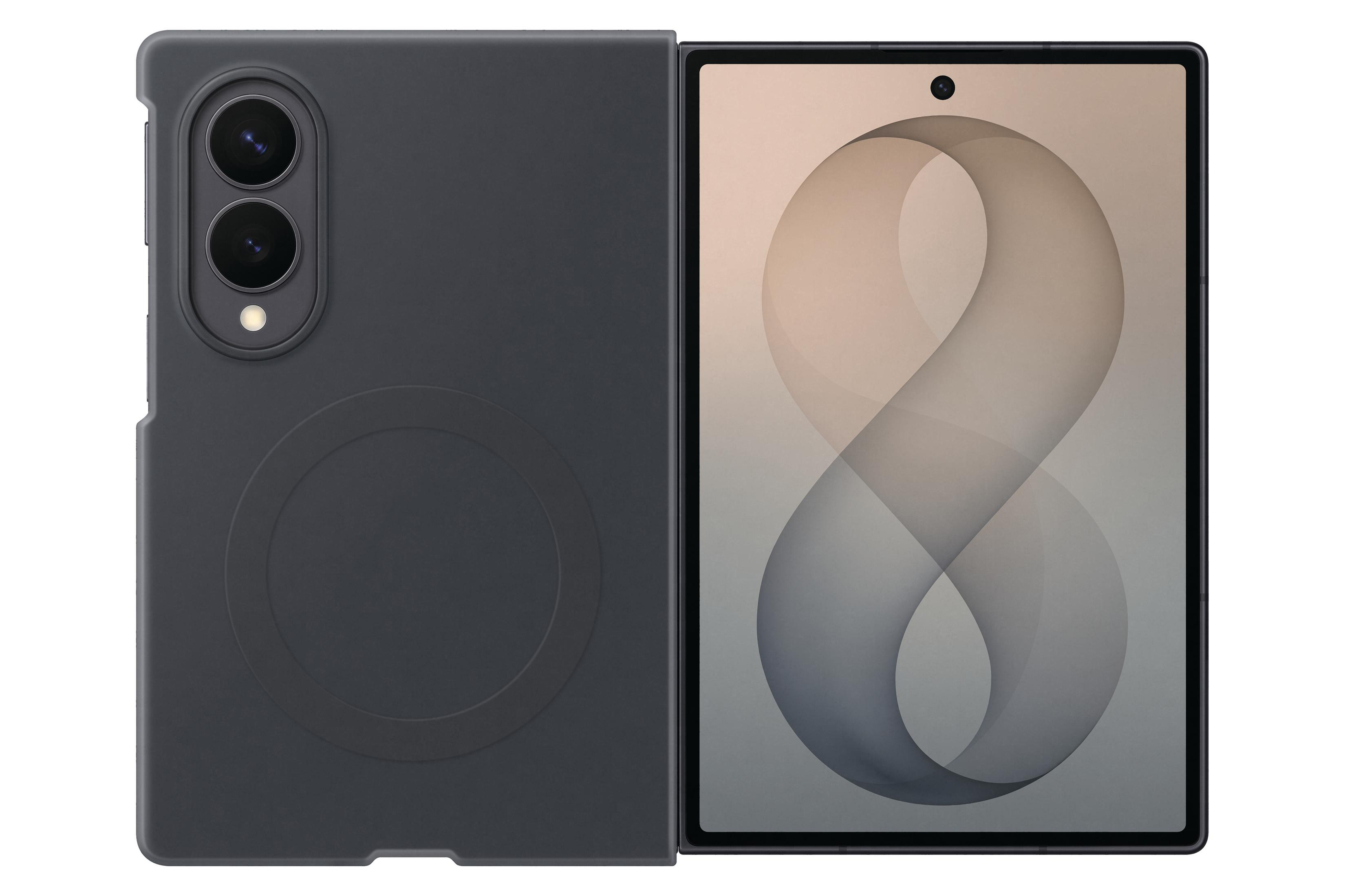 Uno smartphone pieghevole con retro scuro e fotocamere, e schermo aperto che mostra una grafica astratta sul fronte.