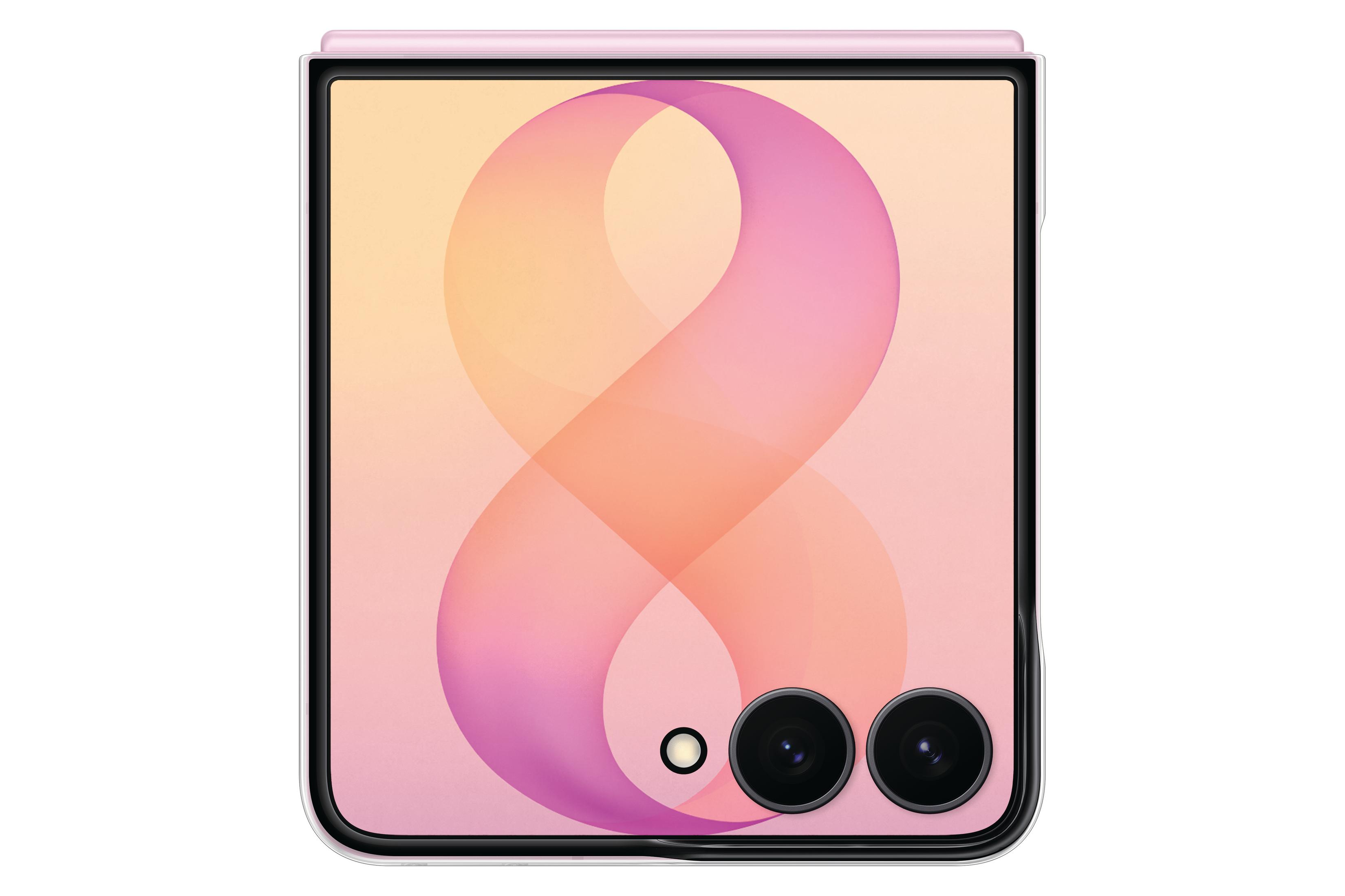 Un telefono a conchiglia rosa chiuso mostra due fotocamere posteriori e uno schermo con un motivo astratto.