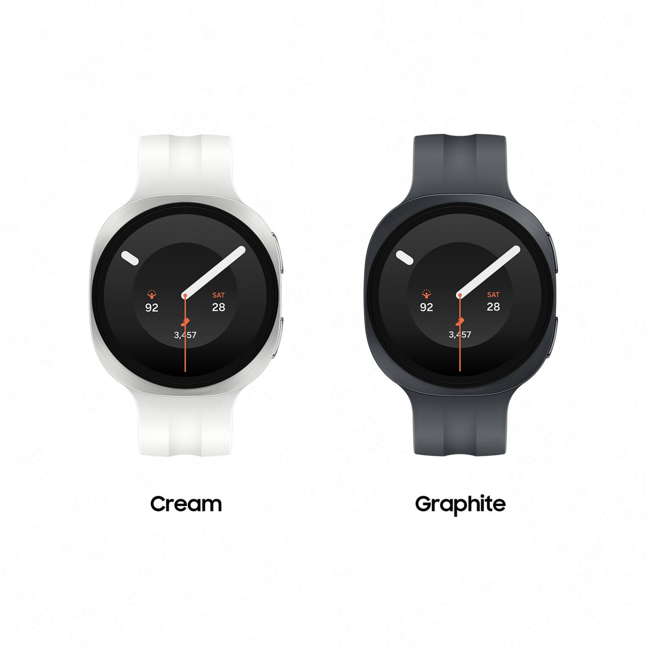 Due smartwatch affiancati, a sinistra in Cream con cinturino bianco e a destra in Graphite con cinturino scuro.
