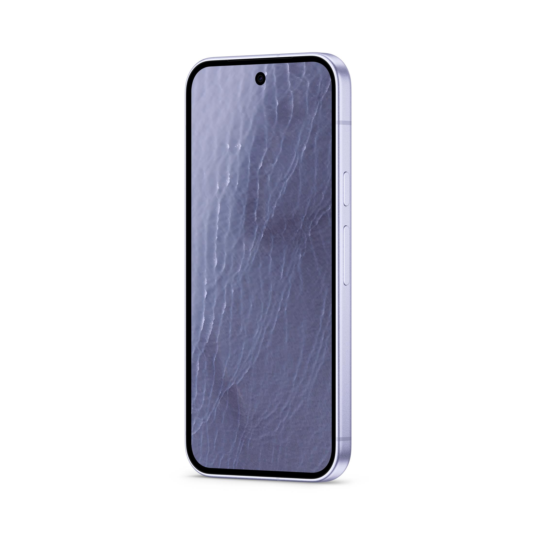 Jasnofioletowy smartfon z teksturowanym ekranem w motyw wody, widoczny pod lekkim kątem.