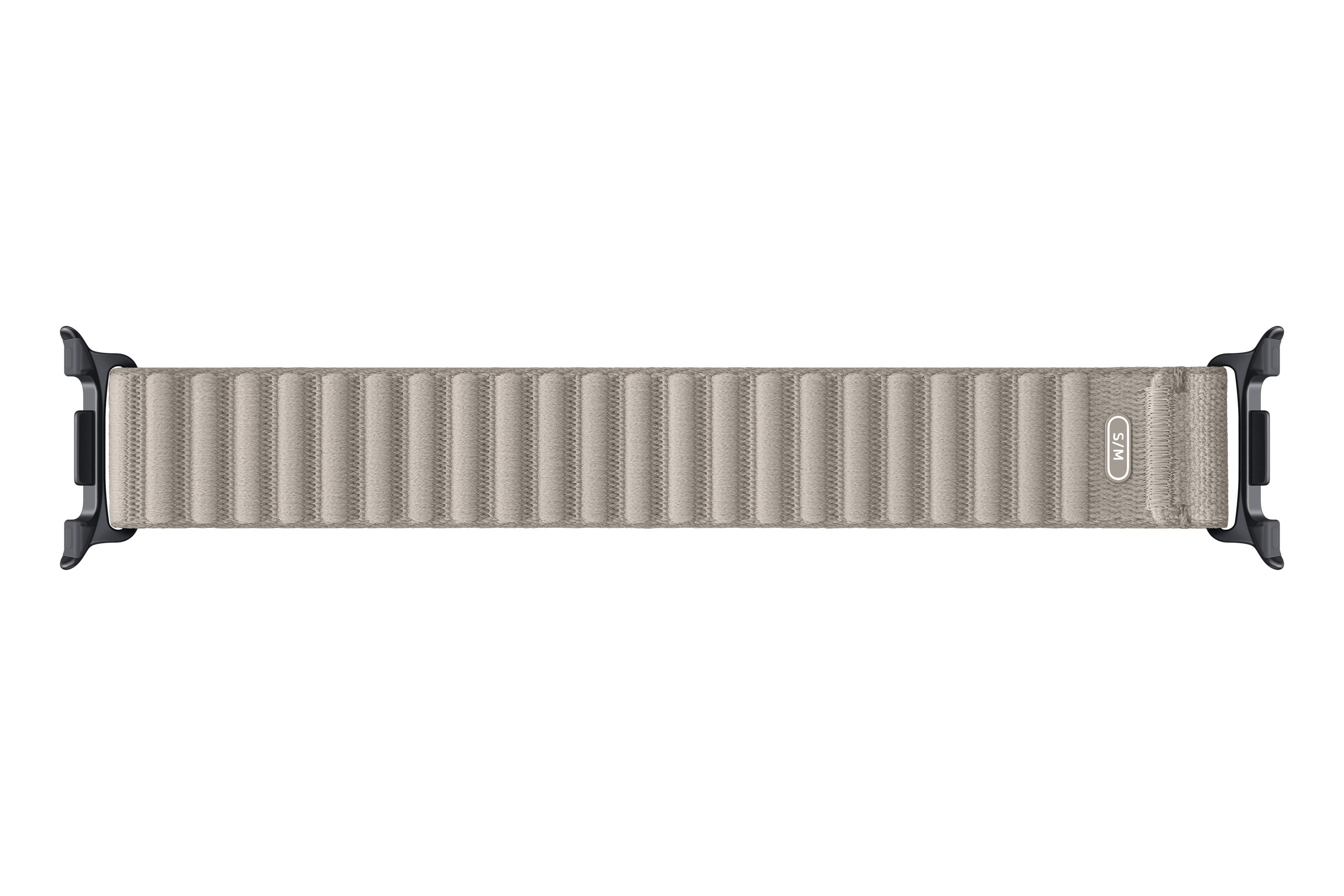 Una correa de smartwatch de tela gris con cierres negros sobre un fondo blanco.