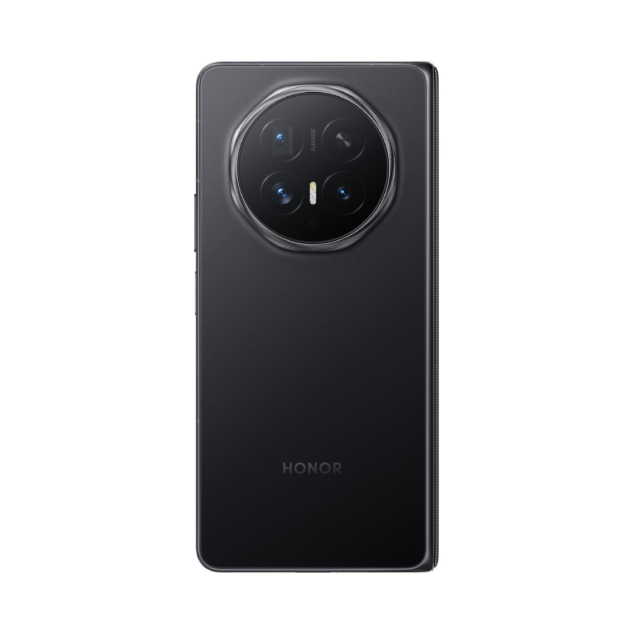 Rückseite eines schwarzen Honor-Smartphones mit großem runden Kameramodul oben und Markenlogo unten.