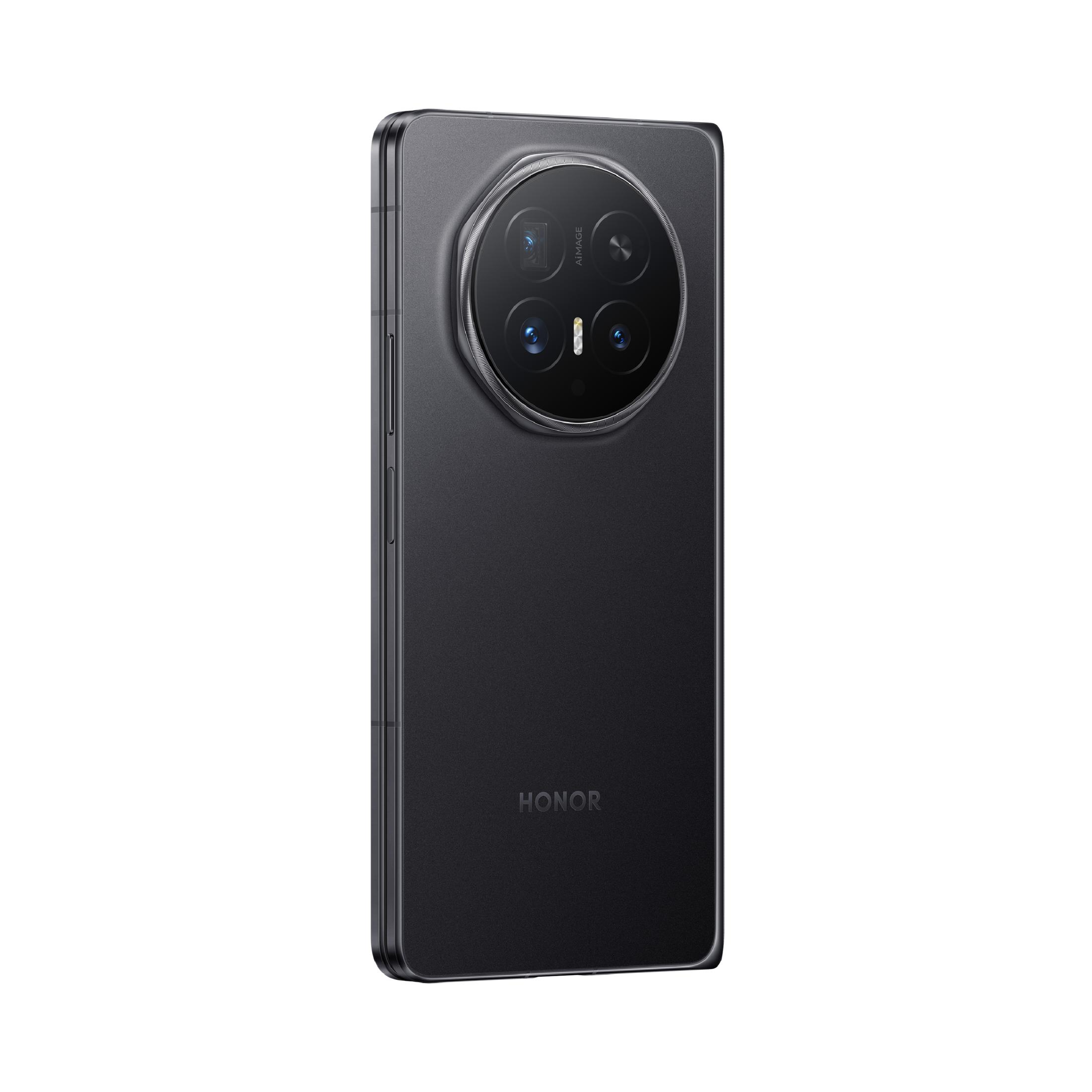 Rückseite eines dunklen Smartphones mit großem runden Kameramodul oben und dem Honor-Logo unten.