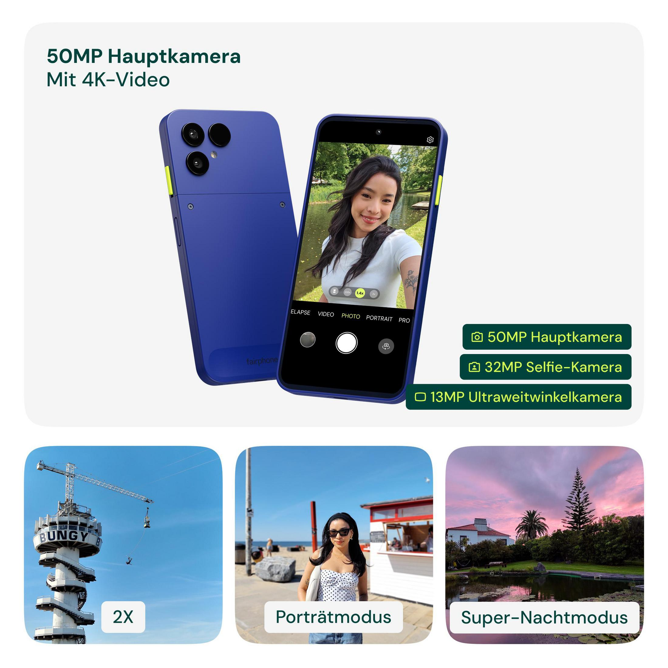 Smartphone blu, uno mostra il retro con tre fotocamere, l'altro un selfie in un parco.