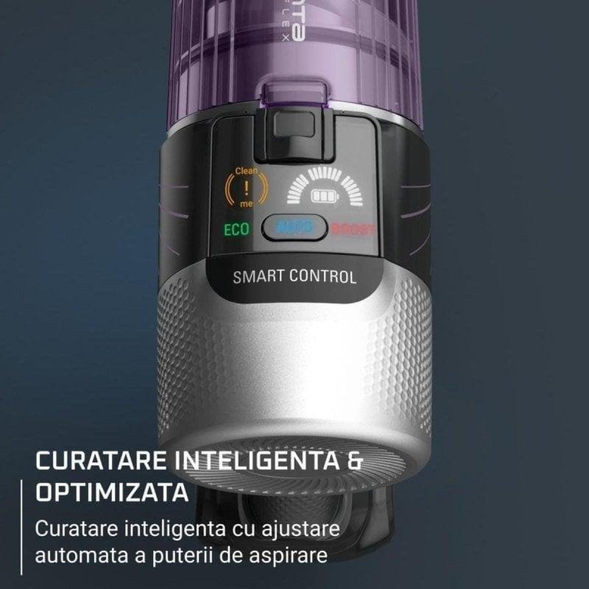 Pantalla de aspiradora con indicador de batería y texto Smart Control en cuerpo plateado.