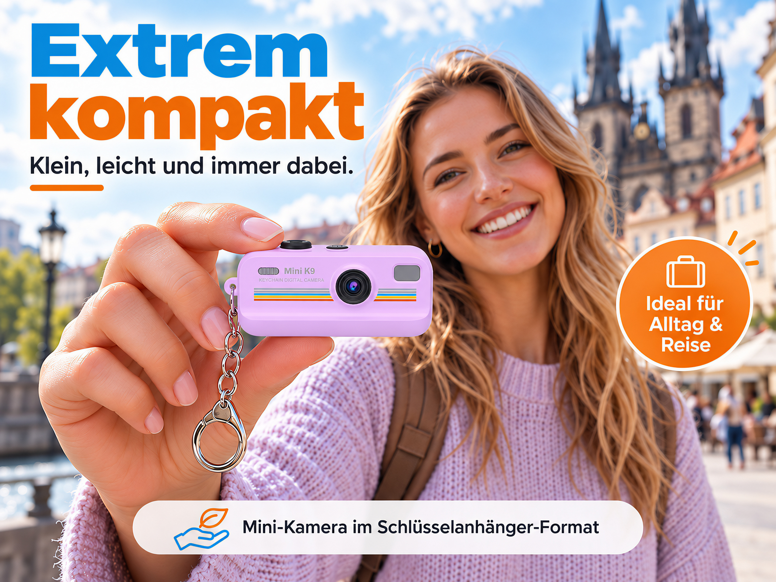 Eine lächelnde Frau hält draußen eine kleine rosafarbene Schlüsselanhänger-Kamera vor einer Stadtkulisse.