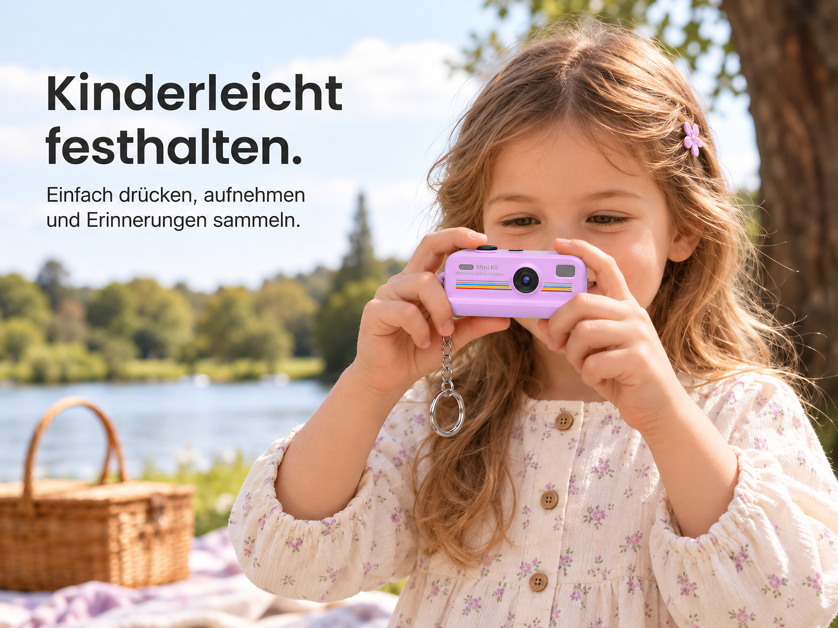 Ein junges Mädchen hält eine kleine violette Kamera vor einem See und Korb.
