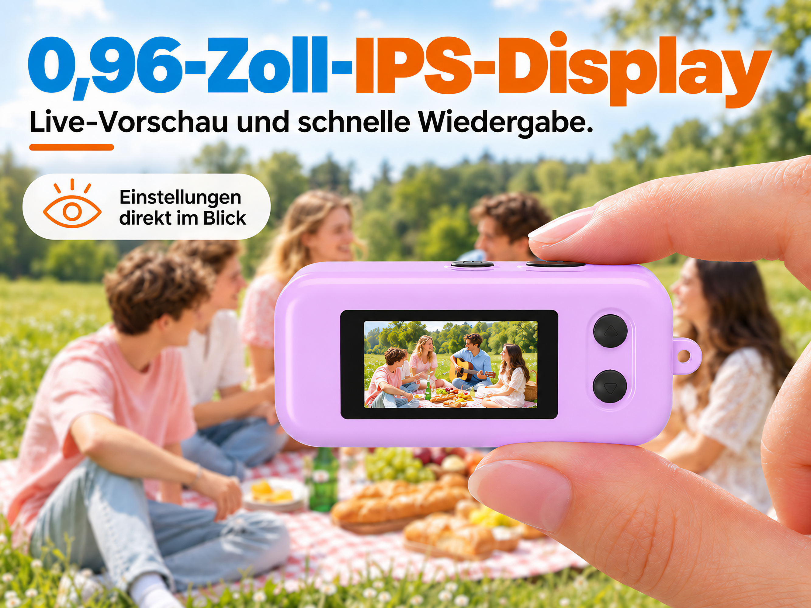 Hand hält eine lila Mini-Kamera mit Display; im Hintergrund picknicken junge Leute im Grünen.
