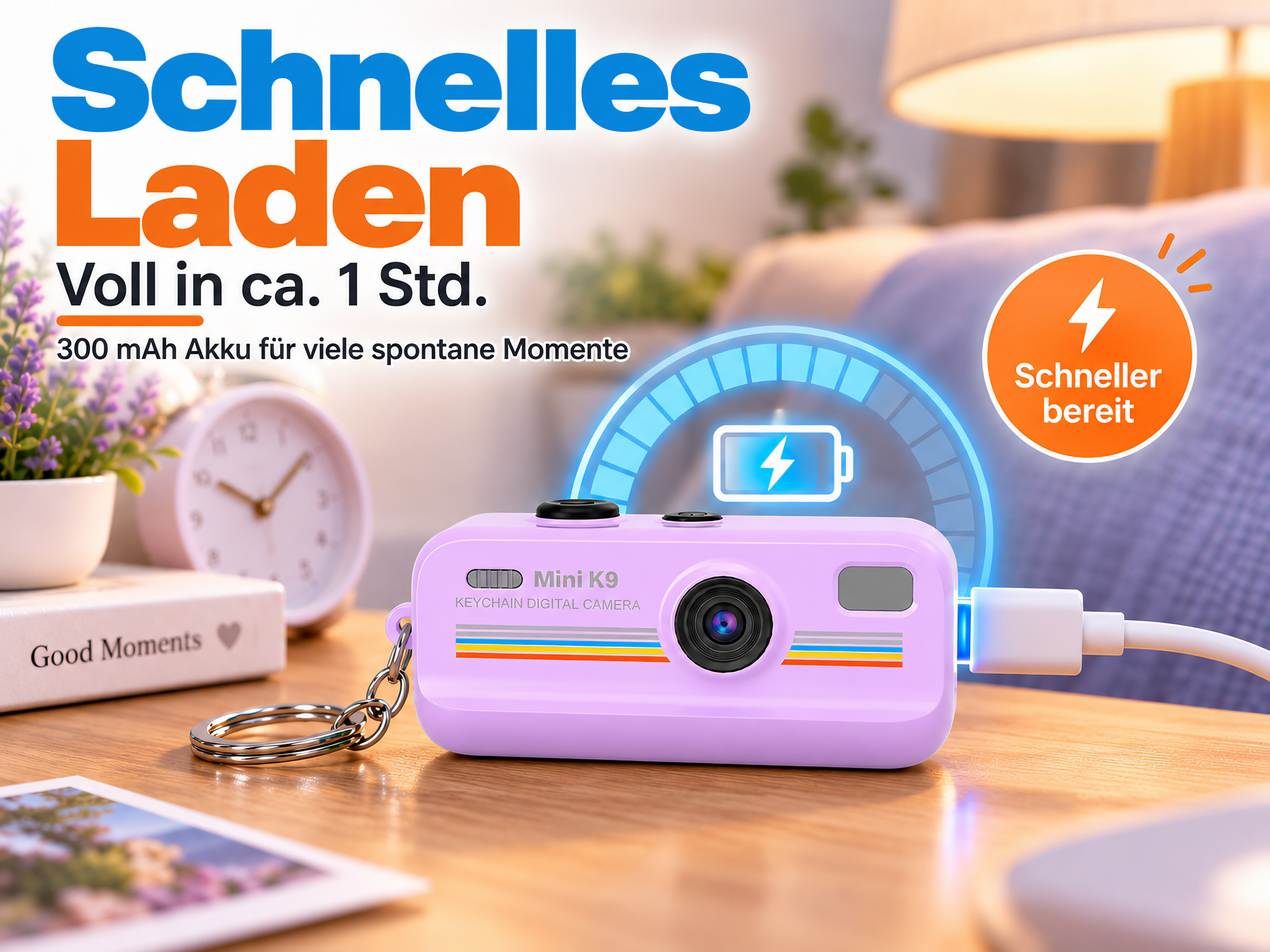 Eine pastellviolette Mini K9 Schlüsselanhänger-Digitalkamera lädt auf einem Holzschreibtisch.