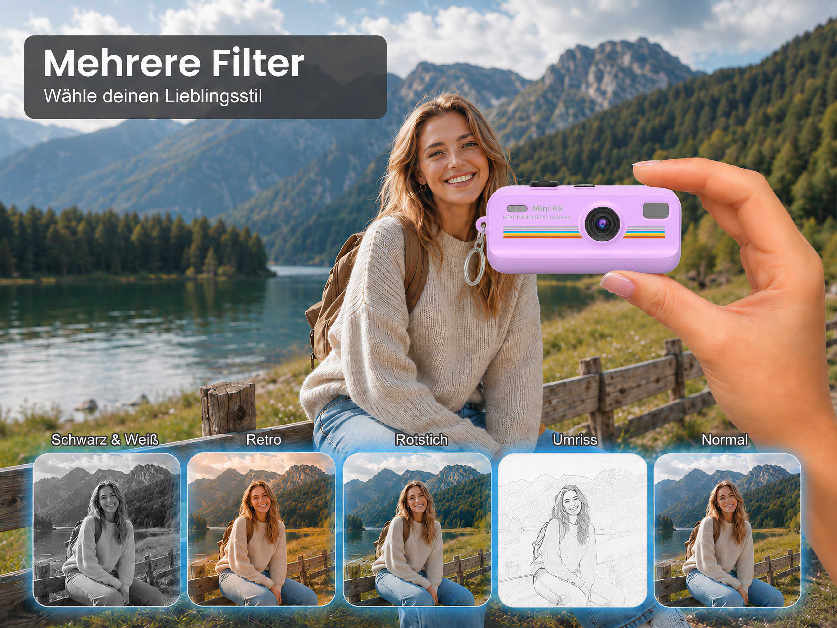 Hand hält lilafarbenen Mini-Fotoapparat vor einer lächelnden Frau in einer Berglandschaft mit See und verschiedenen Filtern.