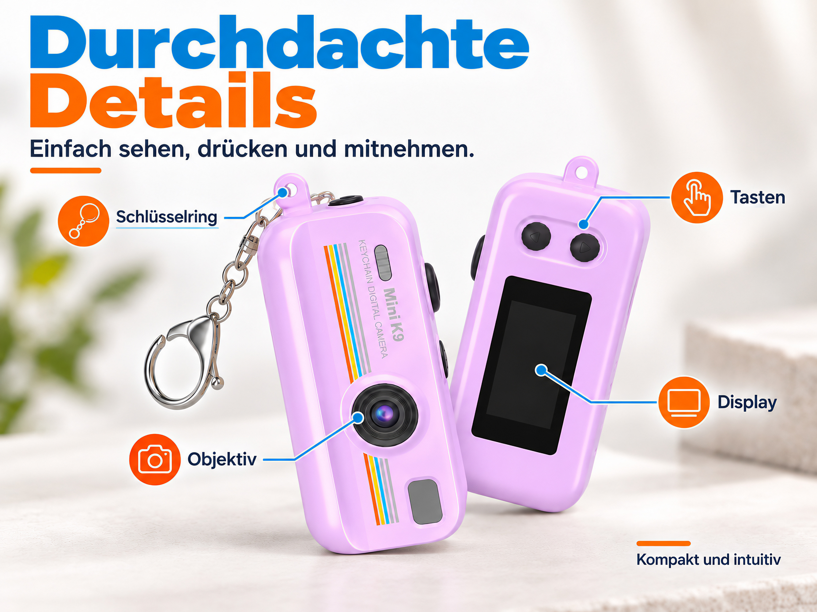 Zwei kleine pinke Mini-Digitalkameras mit Schlüsselring, Display und Tasten vor hellem Hintergrund.
