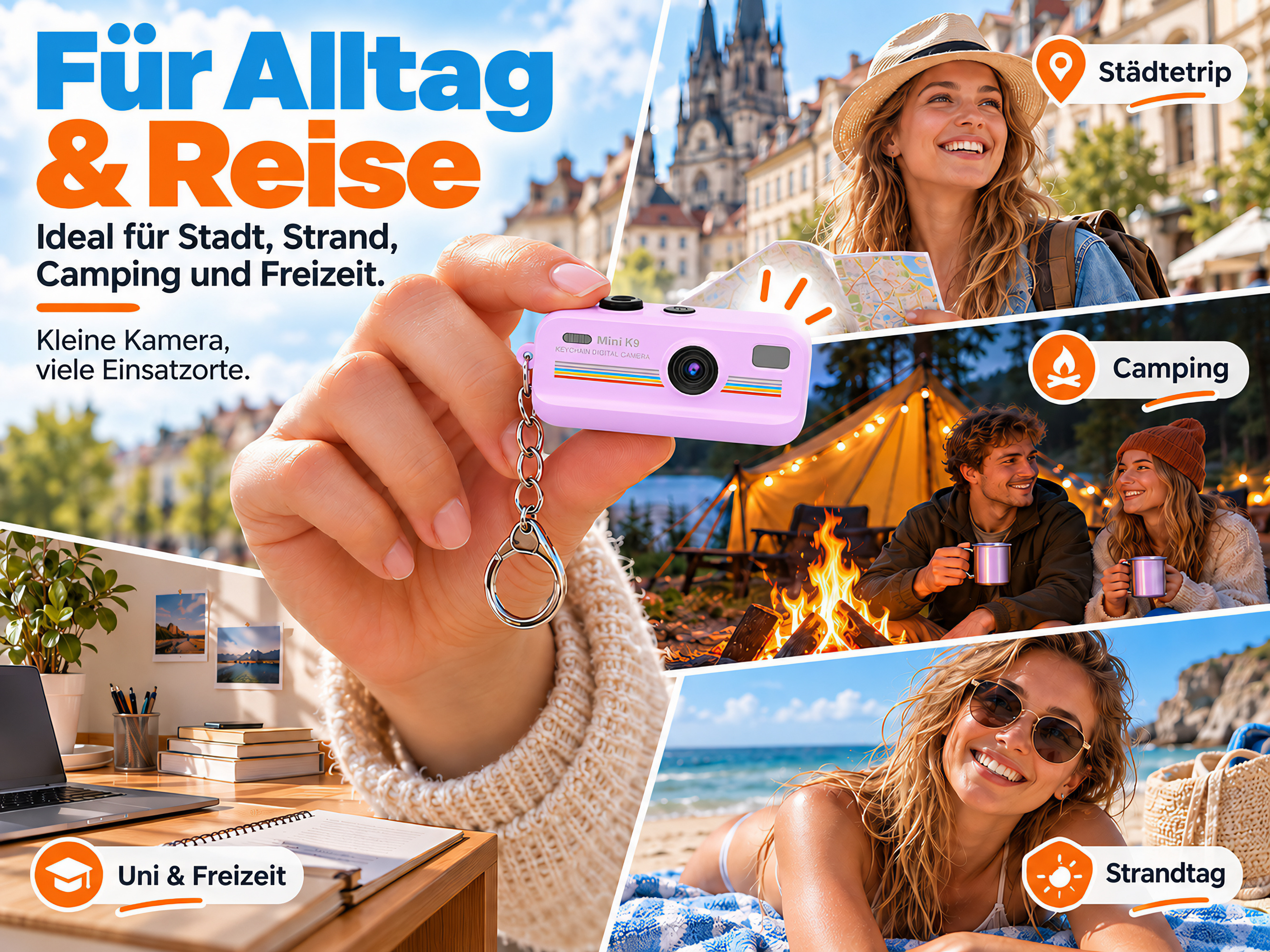 Eine Hand hält eine rosa Mini-Schlüsselbundkamera, umgeben von Collage-Szenen aus Städtereise, Camping und Strand.