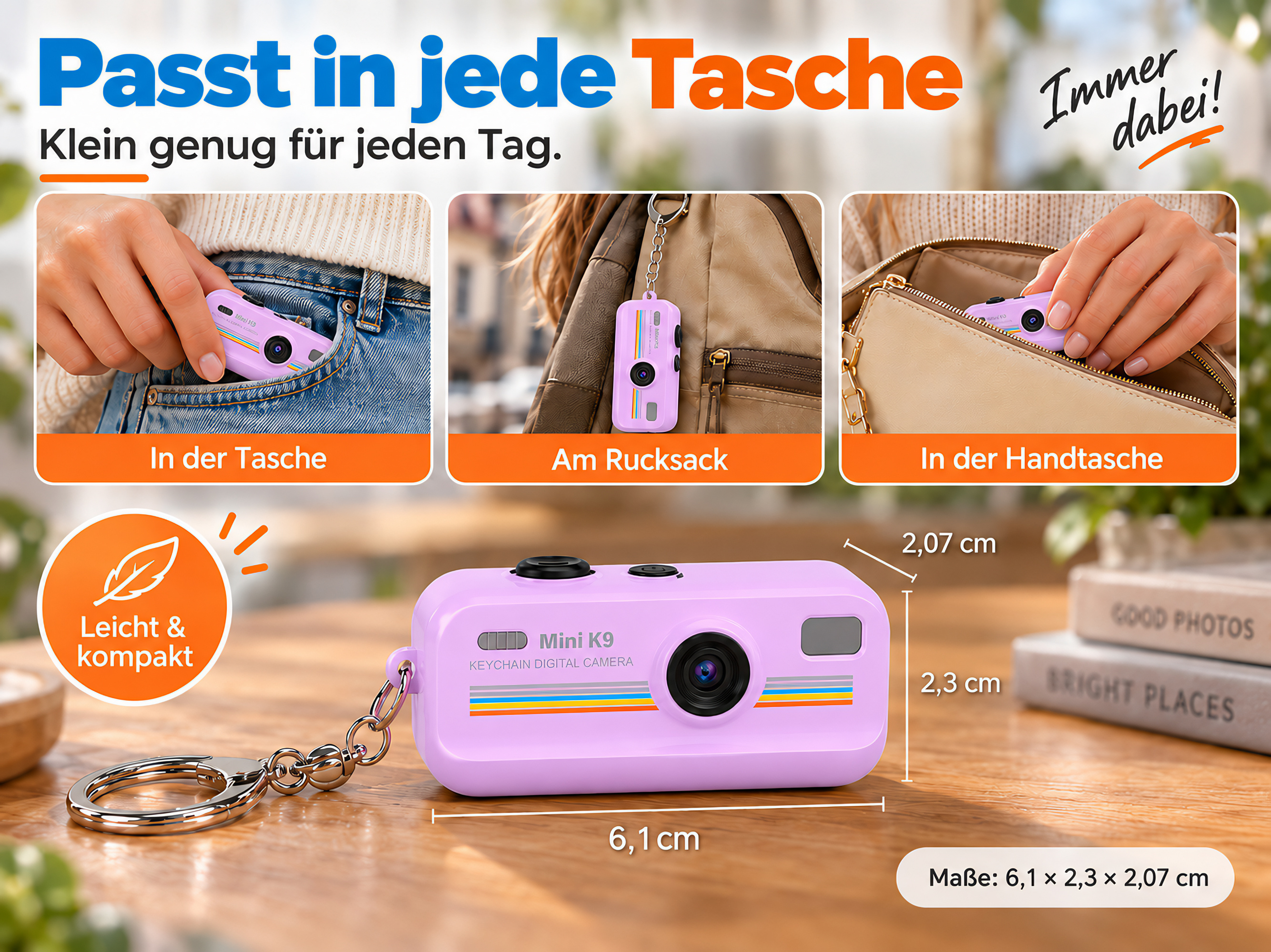 Mini K9 Digitalkamera in Lila mit Schlüsselring und Maßen von 6,1 x 2,3 x 2,07 cm, gezeigt in verschiedenen Taschen.