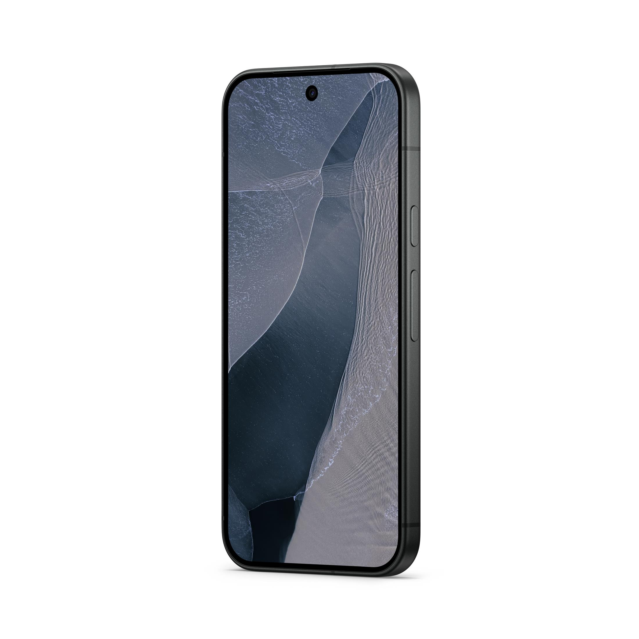 Czarny smartfon z zaokrąglonymi rogami, bocznymi przyciskami i falistym, abstrakcyjnym motywem na ekranie.