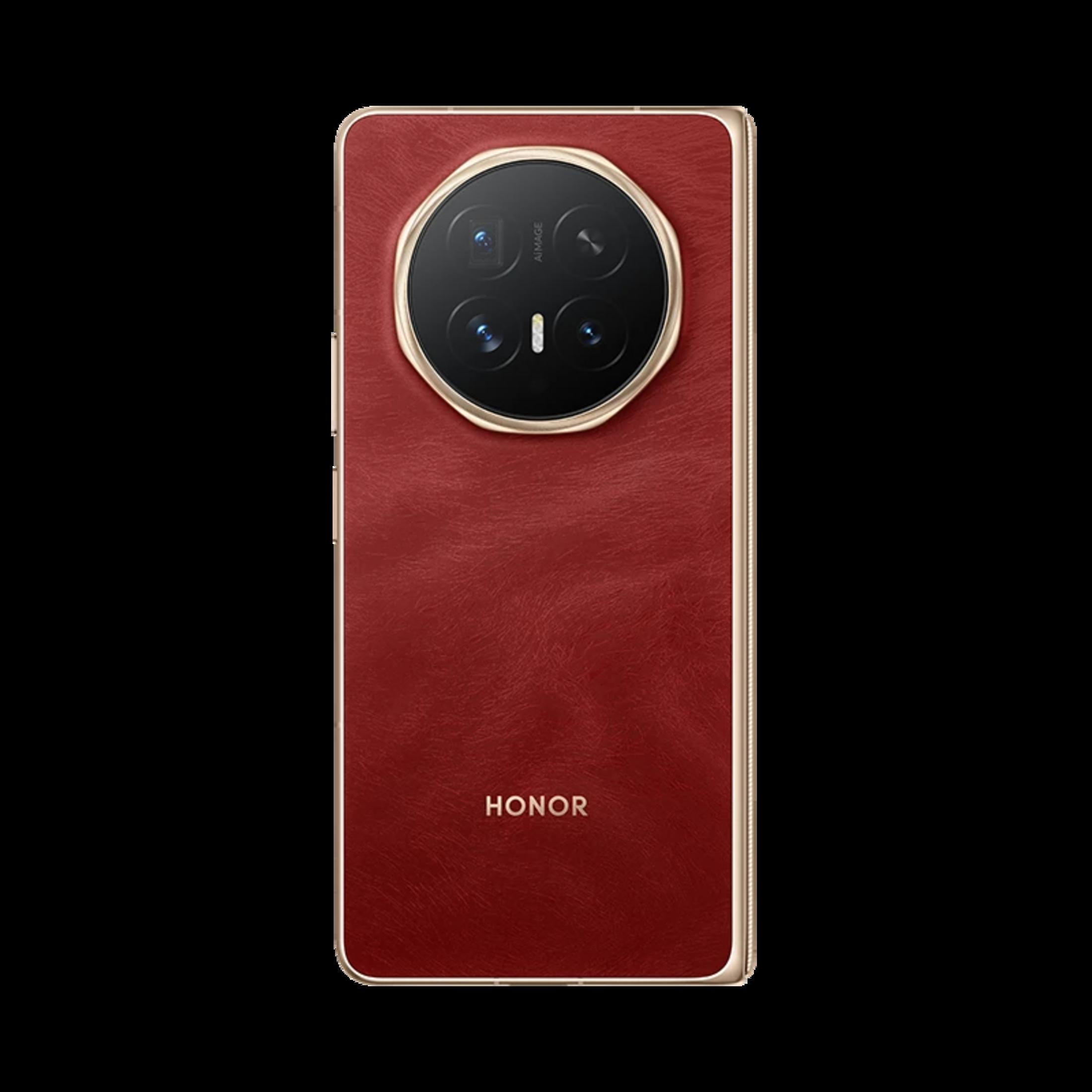 Retro di uno smartphone Honor rosso con fotocamera circolare e cornice dorata.