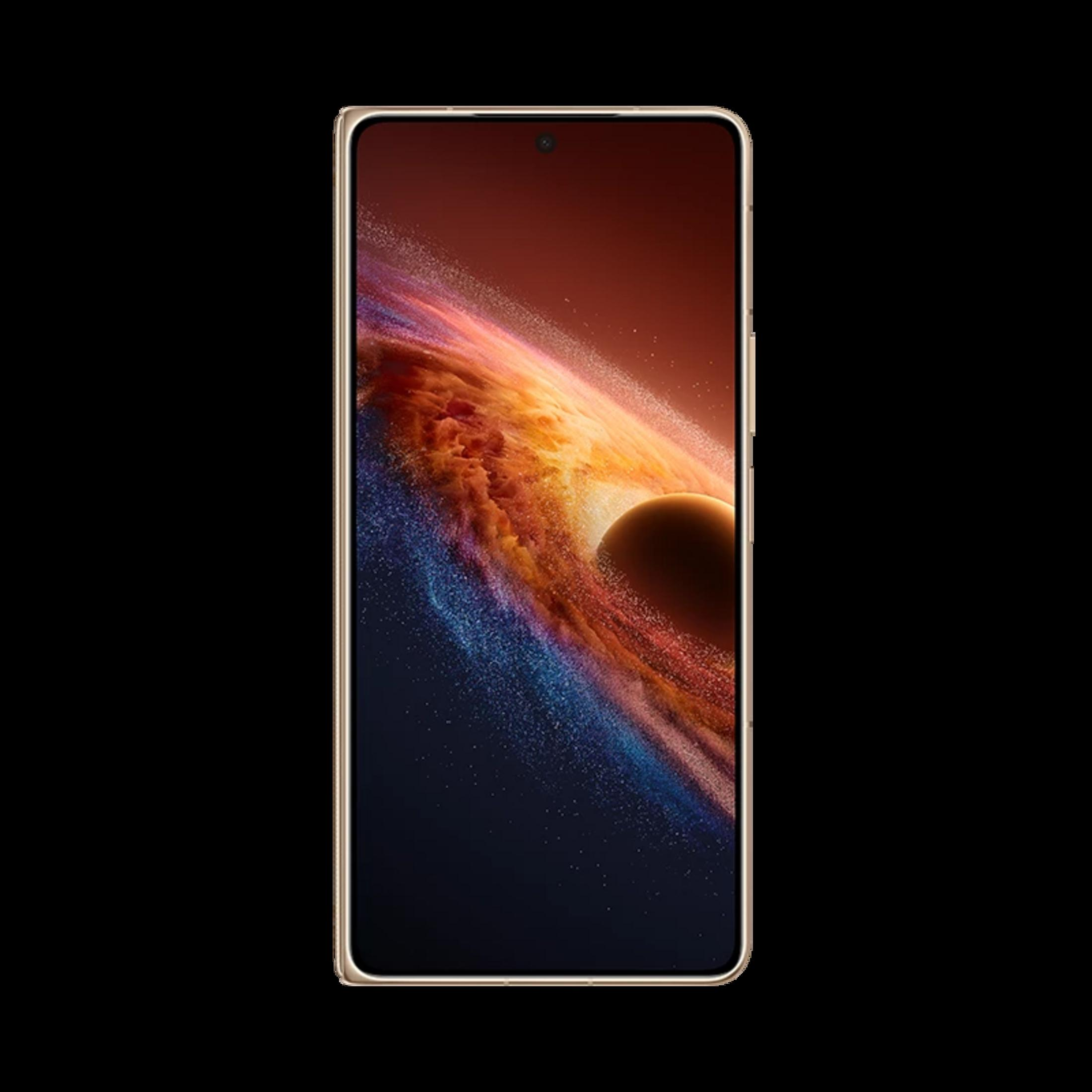Uno smartphone con cornice dorata mostra uno sfondo cosmico con una nebulosa a spirale e un pianeta scuro.