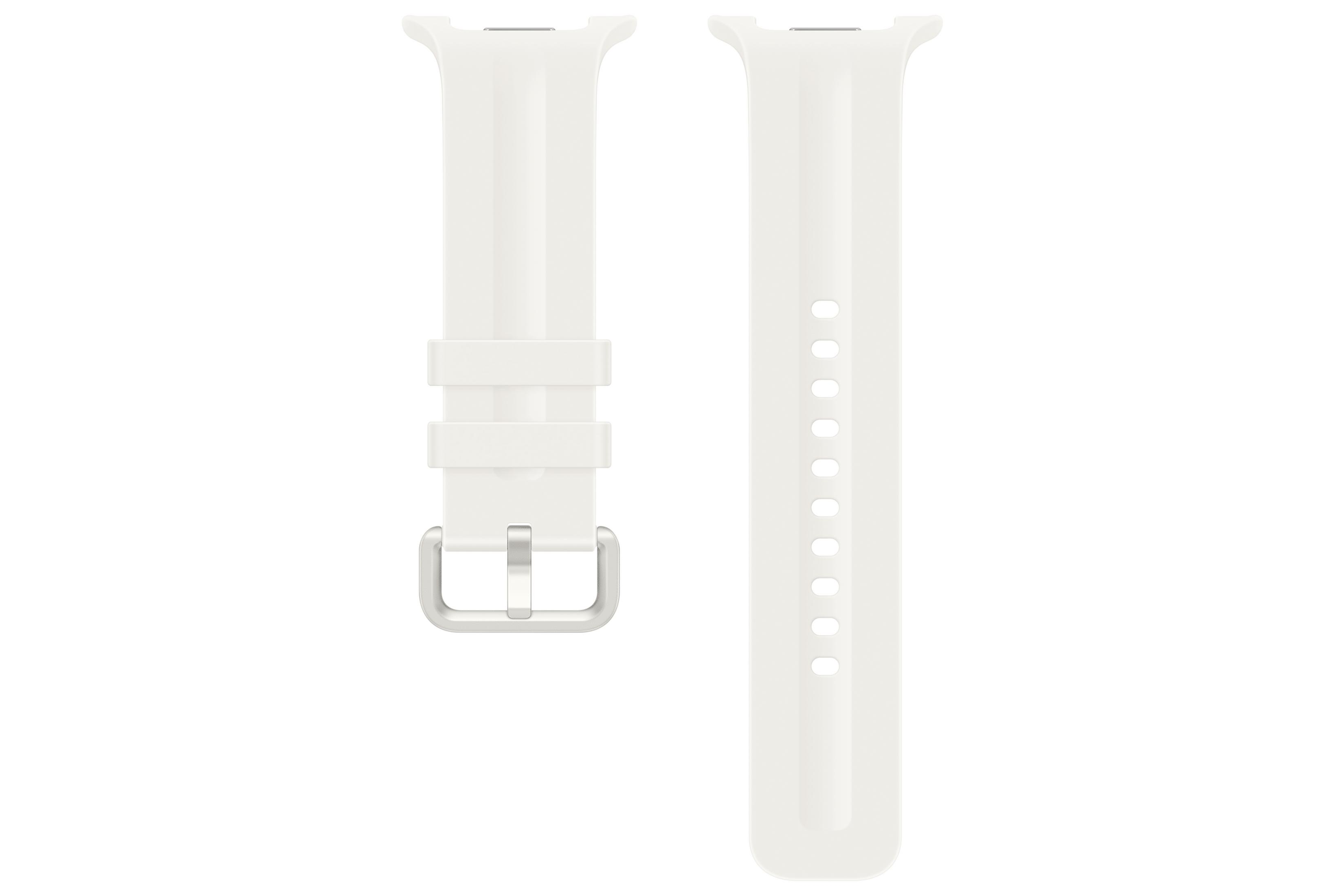 Due pezzi di un cinturino per orologio in silicone bianco con fibbia argentata su sfondo bianco.