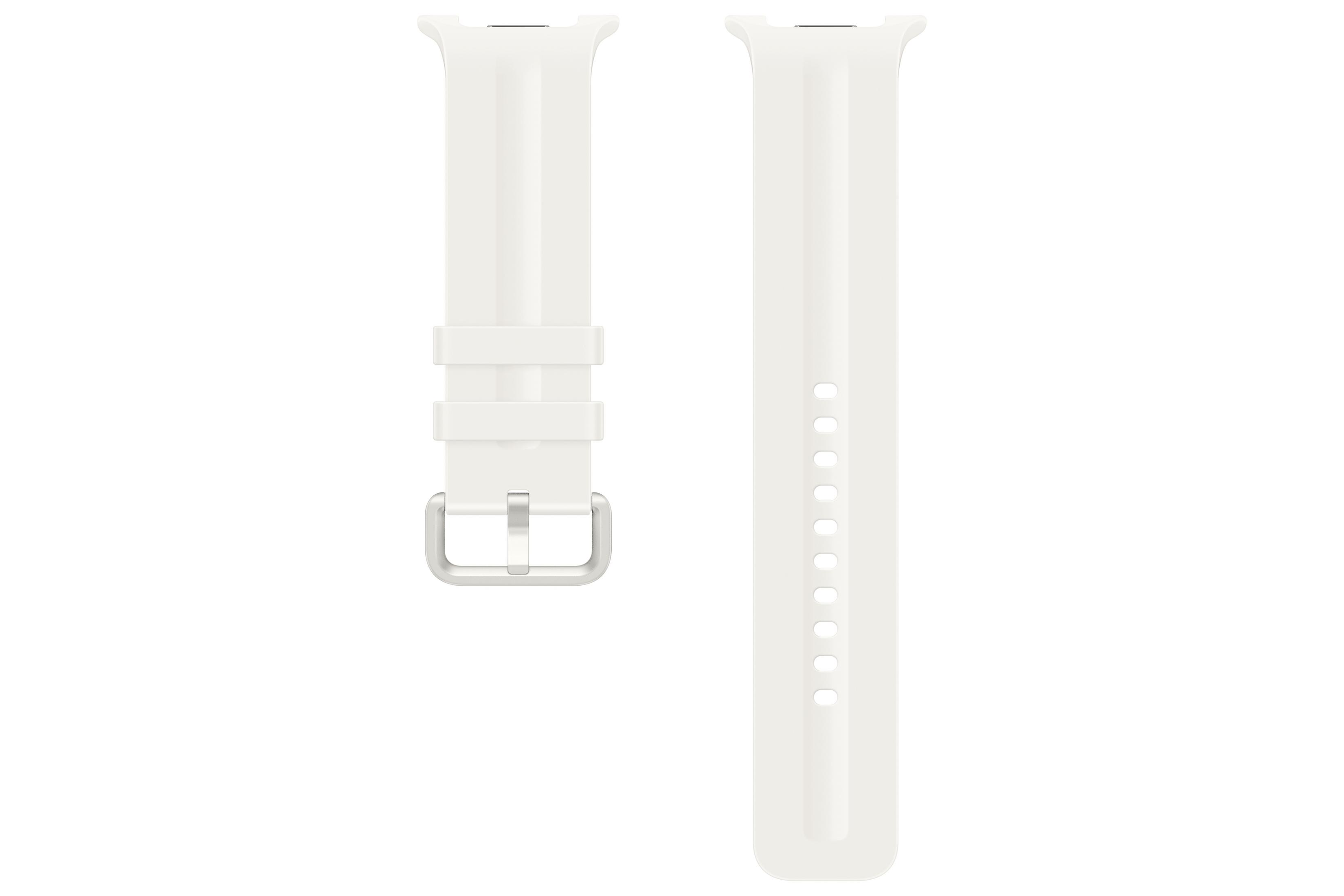 Un cinturino per orologio in silicone bianco con fibbia e connettori argentati su sfondo bianco.