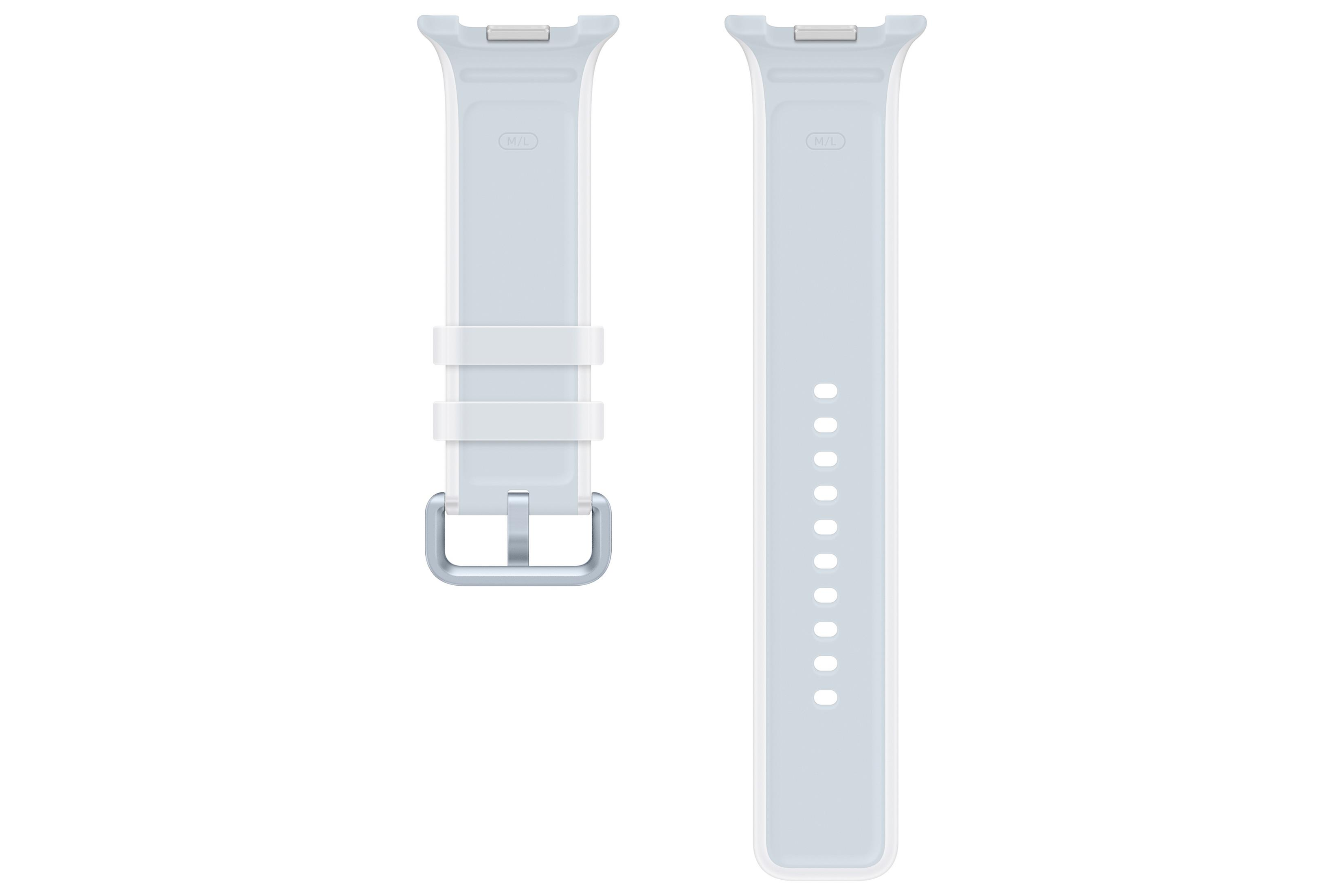 Un cinturino per smartwatch grigio con fibbia e fori.