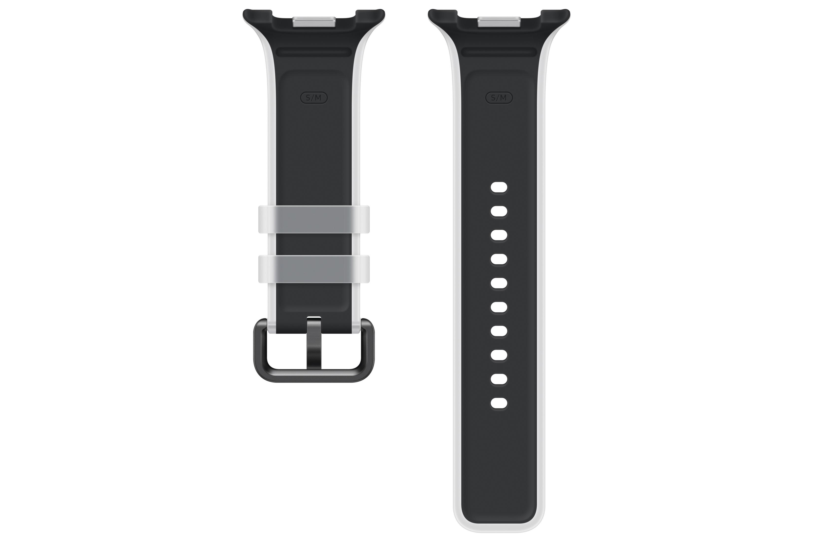 Due viste di un cinturino per smartwatch bianco e nero con fibbia e fori.