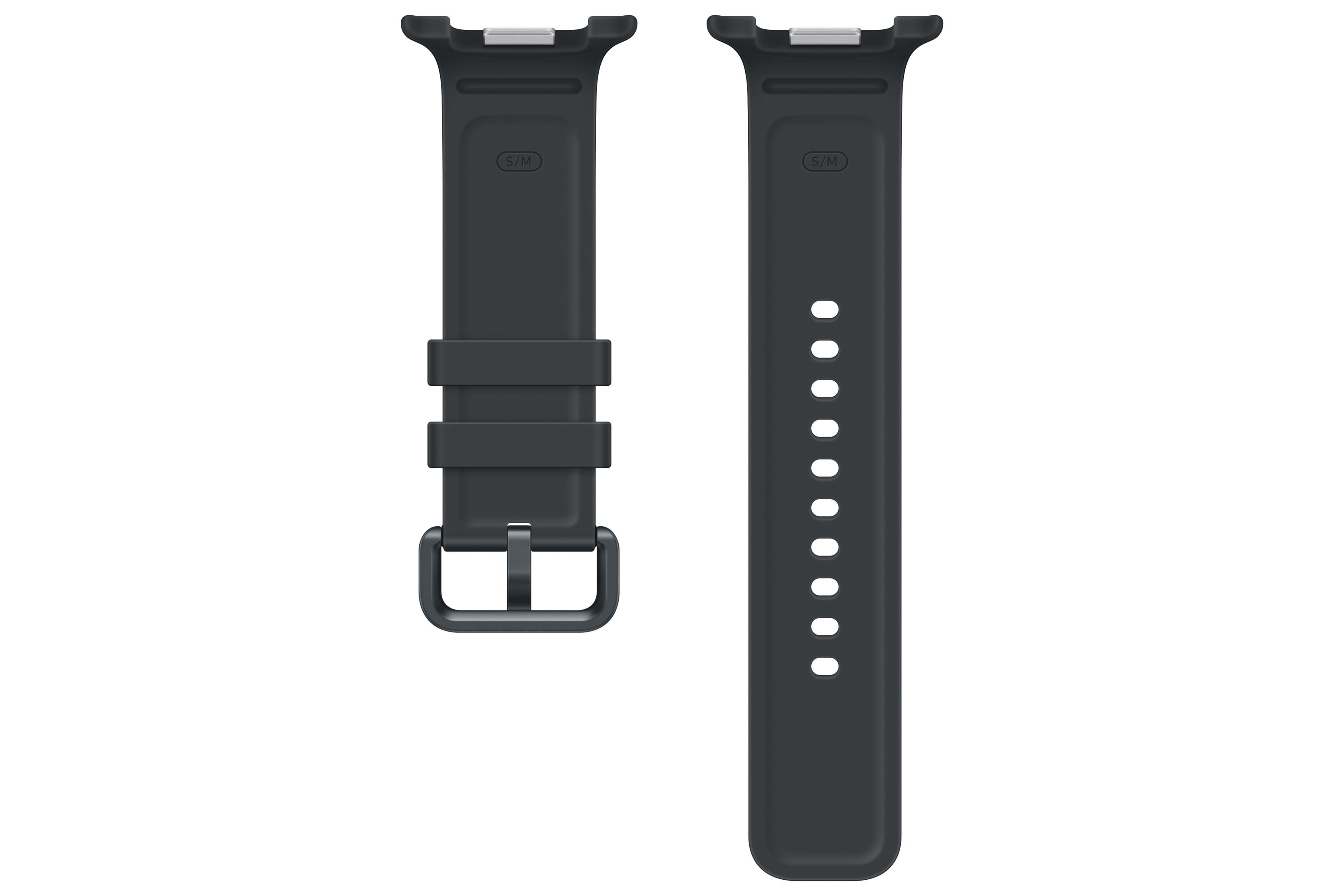 Un cinturino per smartwatch in silicone nero con fibbia e fori su sfondo bianco.
