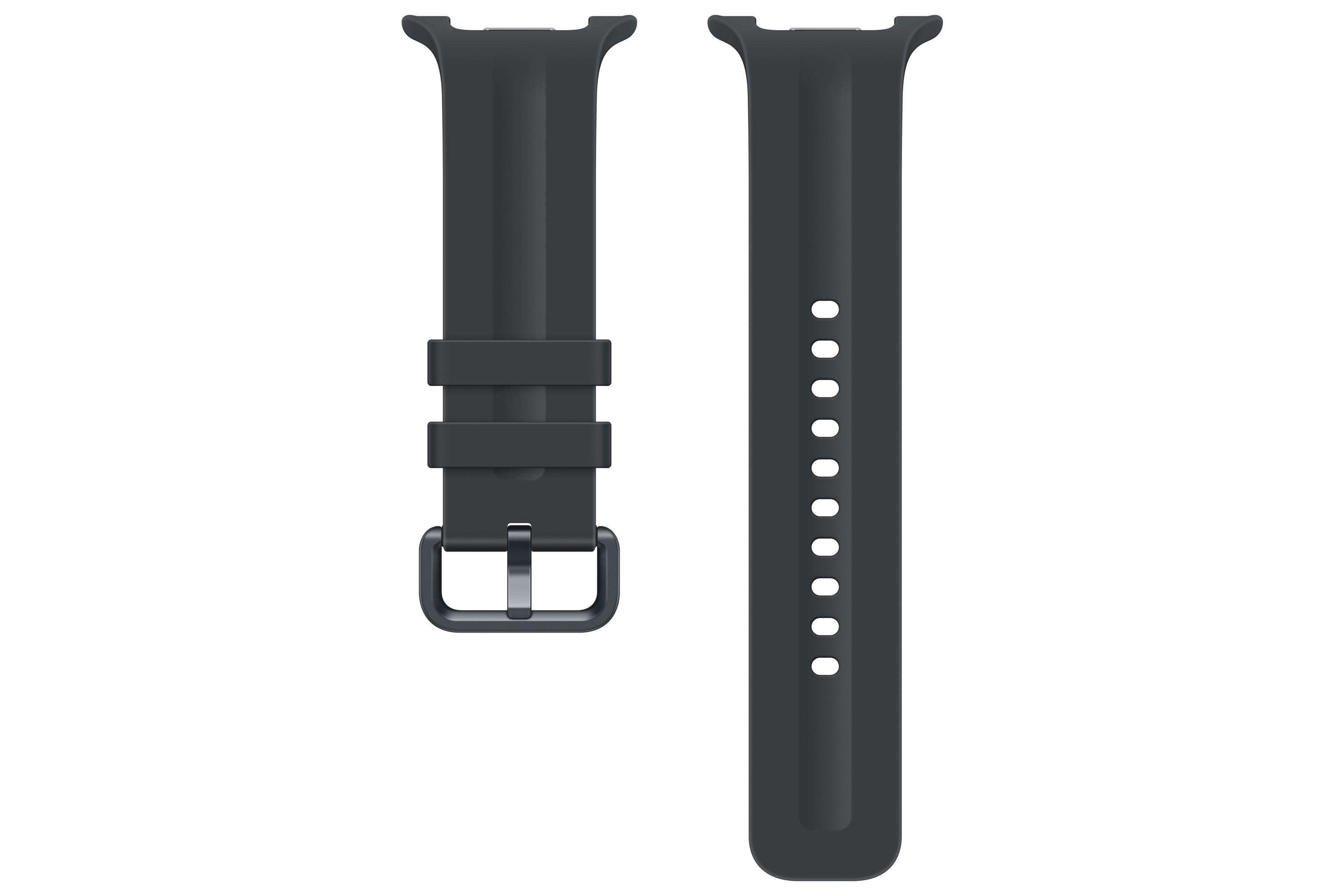 Un cinturino di ricambio per smartwatch in silicone nero con fibbia.
