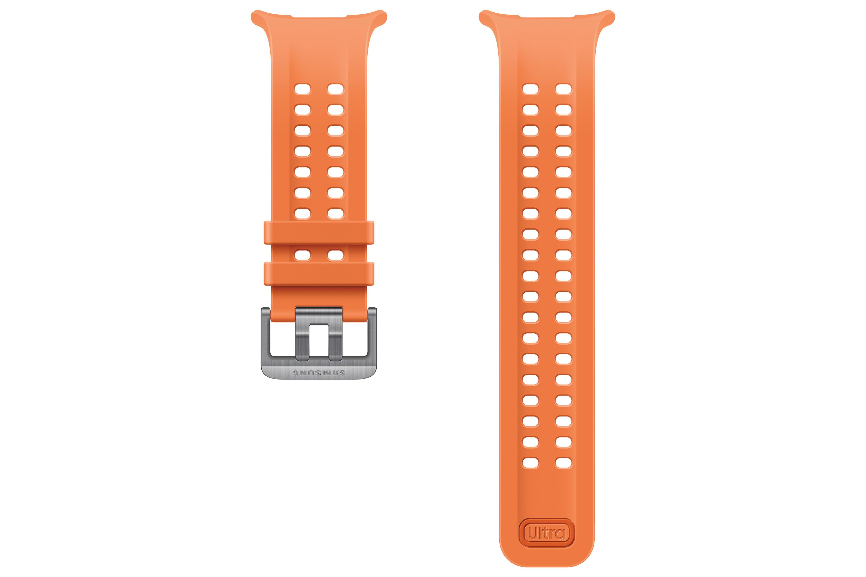 Un cinturino per smartwatch in silicone arancione con doppie perforazioni, fibbia argentata e la scritta Ultra.