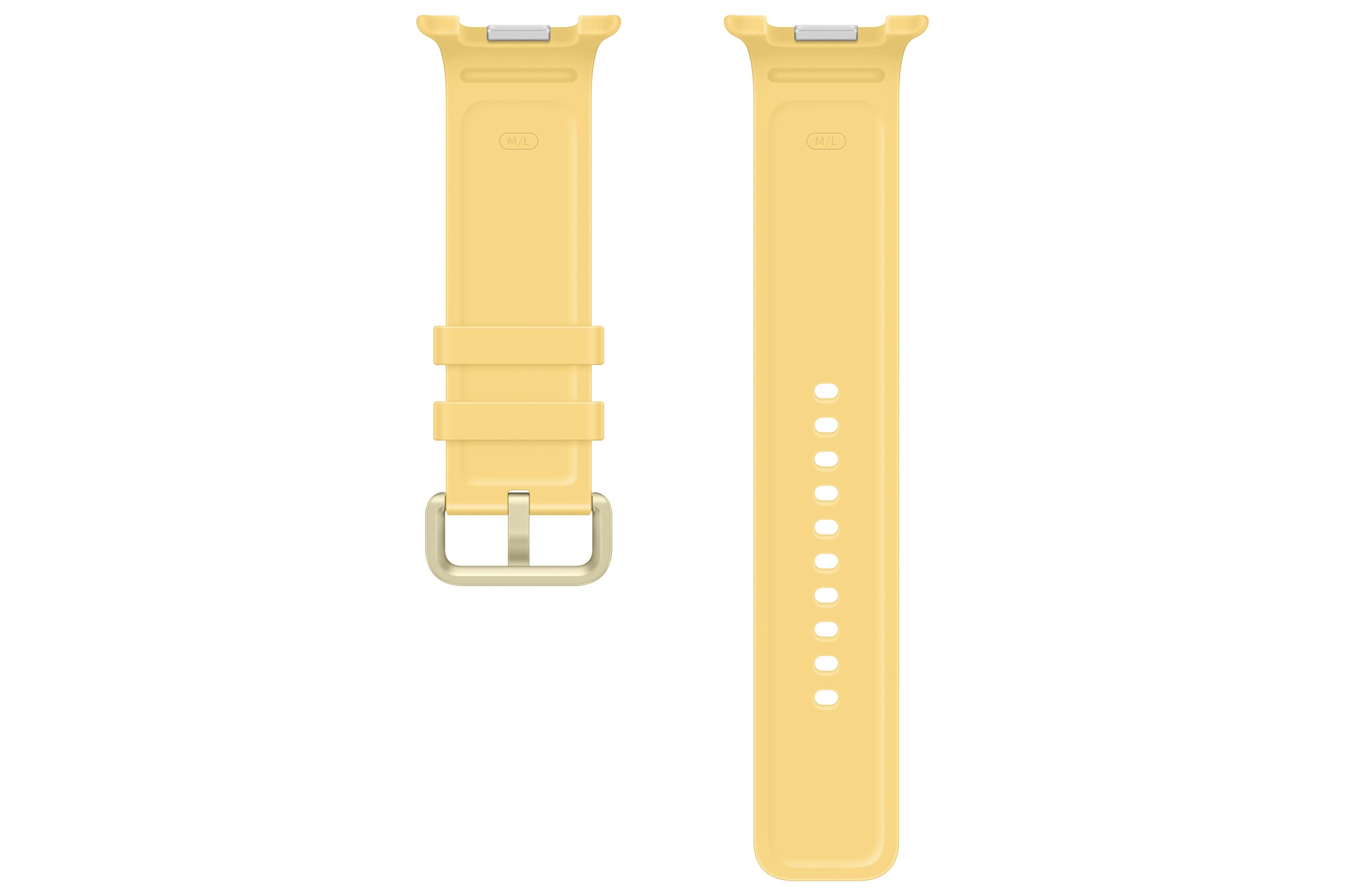 Cinturino per smartwatch in silicone giallo in due pezzi con fibbia argentata.