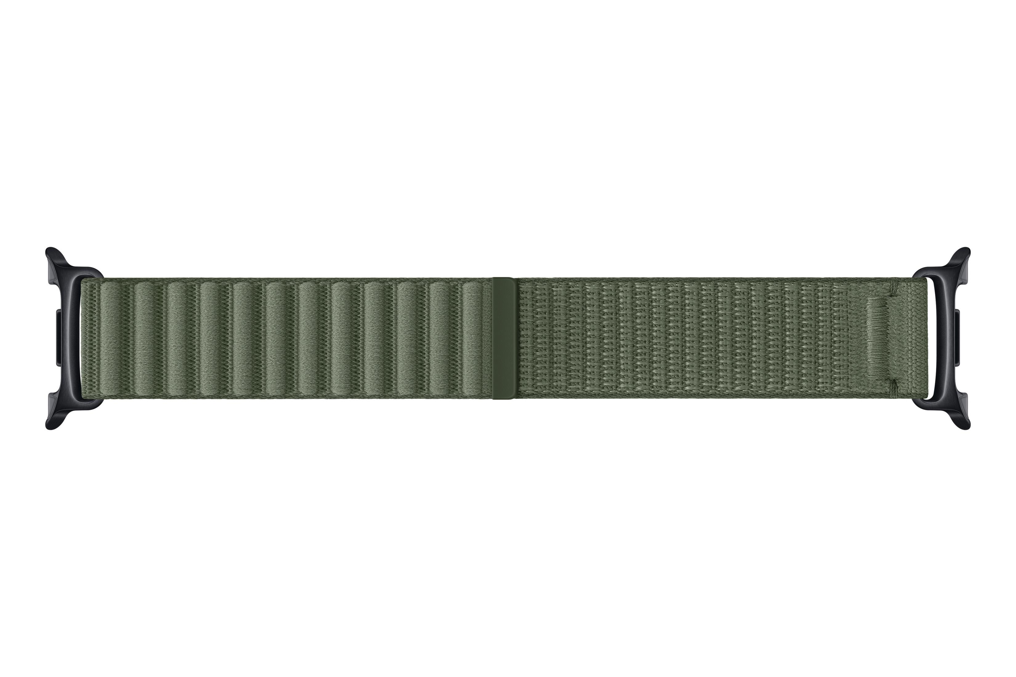 Una correa Alpine Loop verde oliva para Apple Watch con conectores negros sobre fondo blanco.