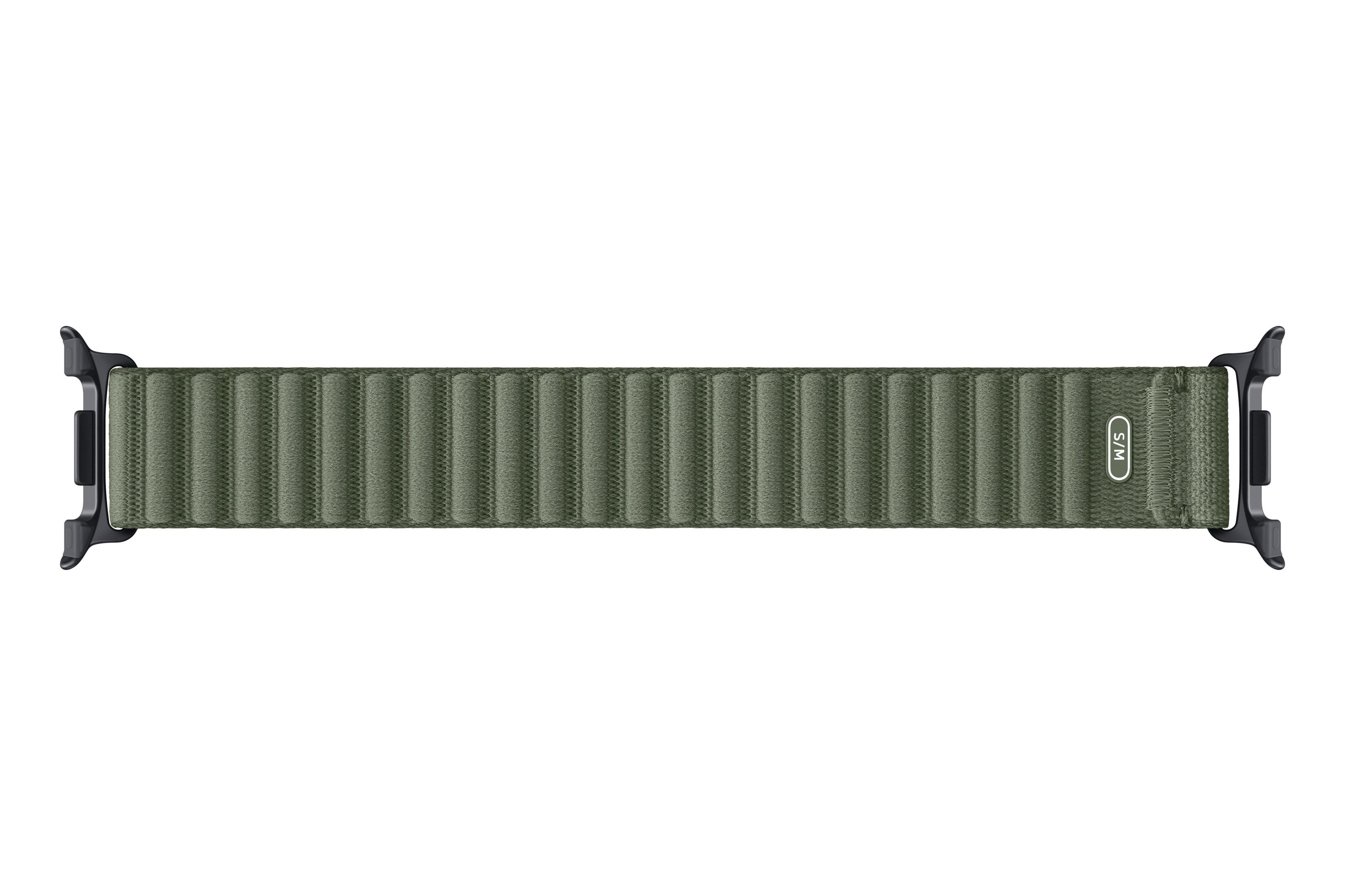 Una correa de reloj inteligente textil verde con conectores de metal negro y etiqueta de talla 'S/M' sobre fondo blanco.
