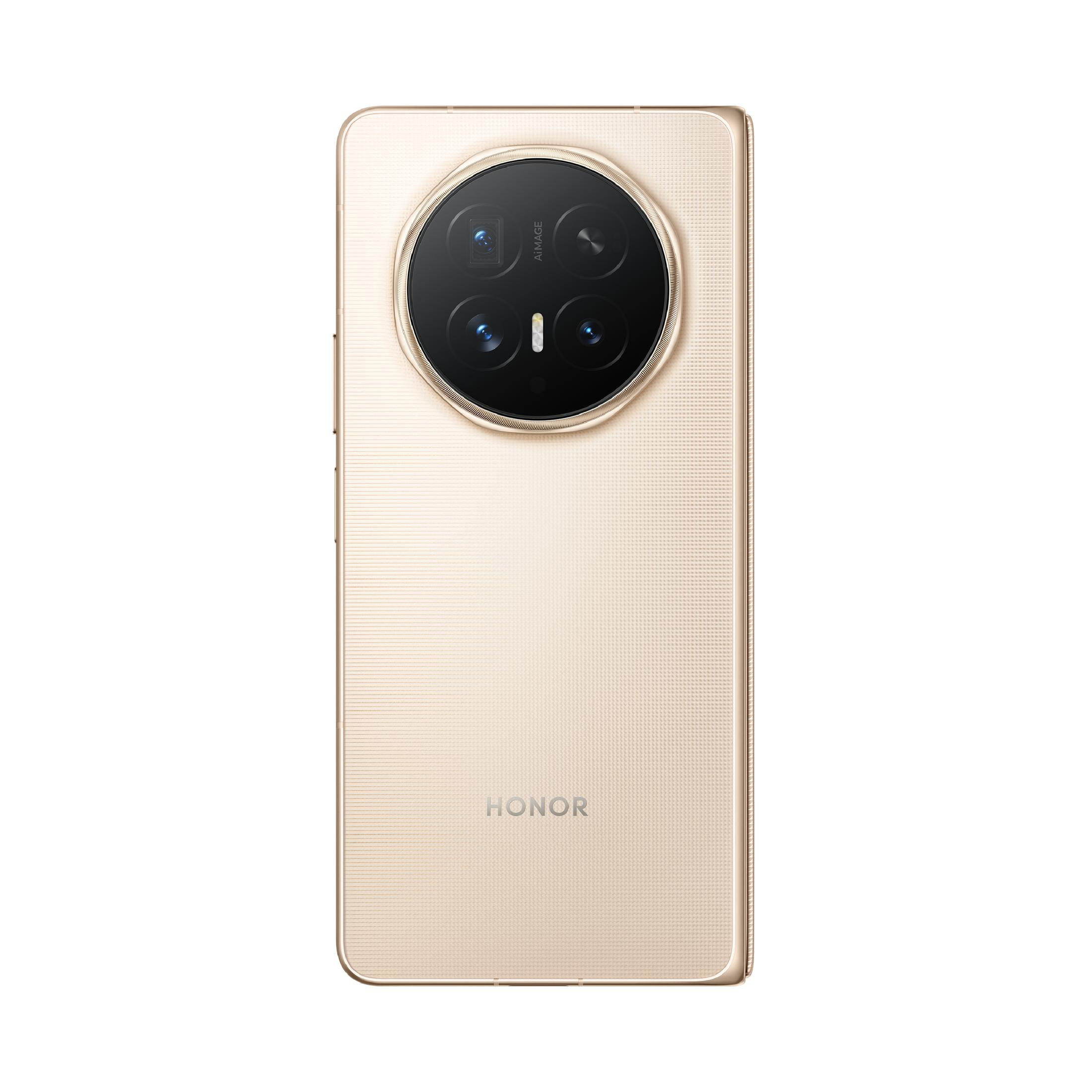 Goldenes Honor-Smartphone mit großem runden Kameramodul auf der Rückseite und dem Markennamen unten.