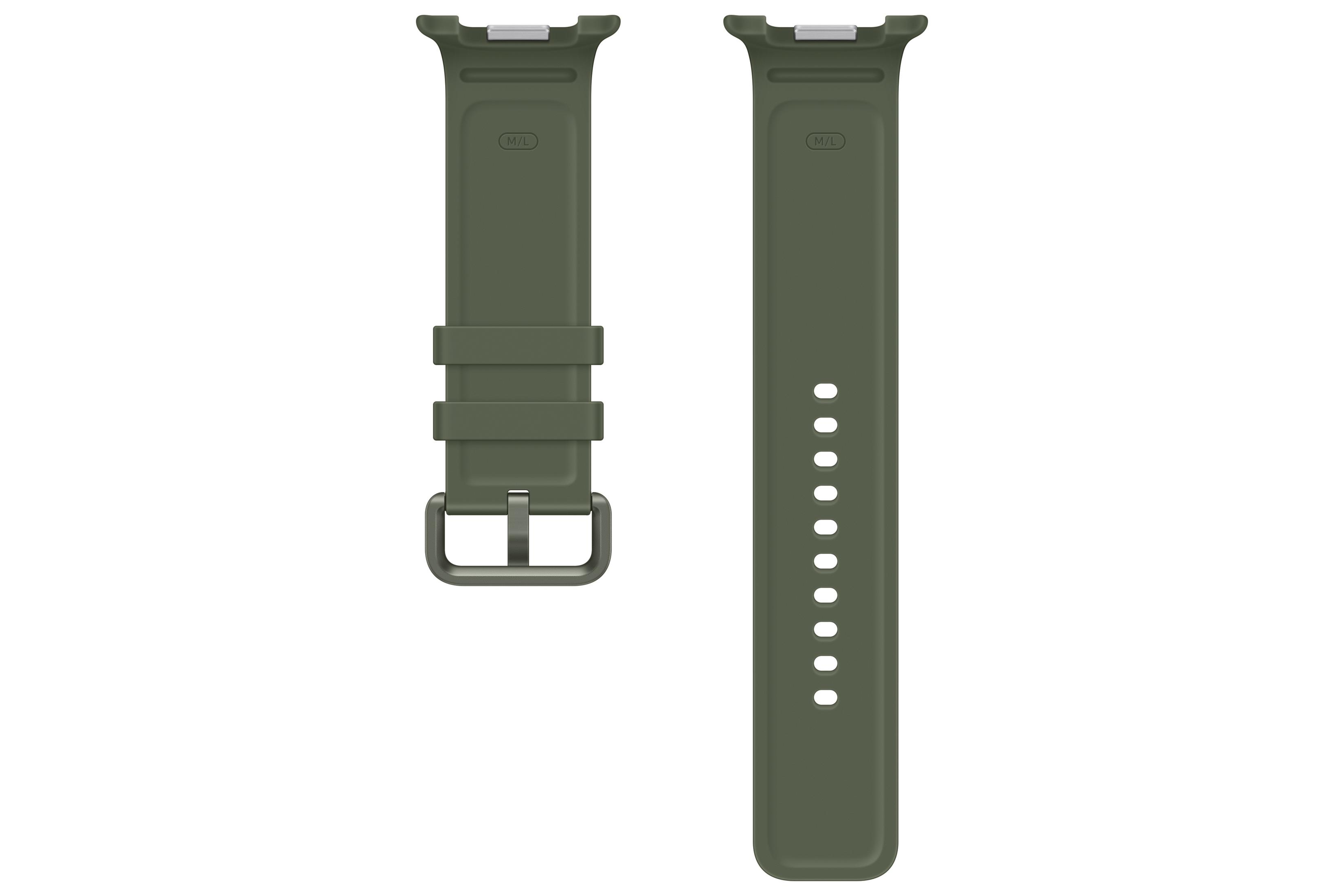 Due cinturini per smartwatch verde scuro con taglia M/L, fibbia e fori su sfondo bianco.