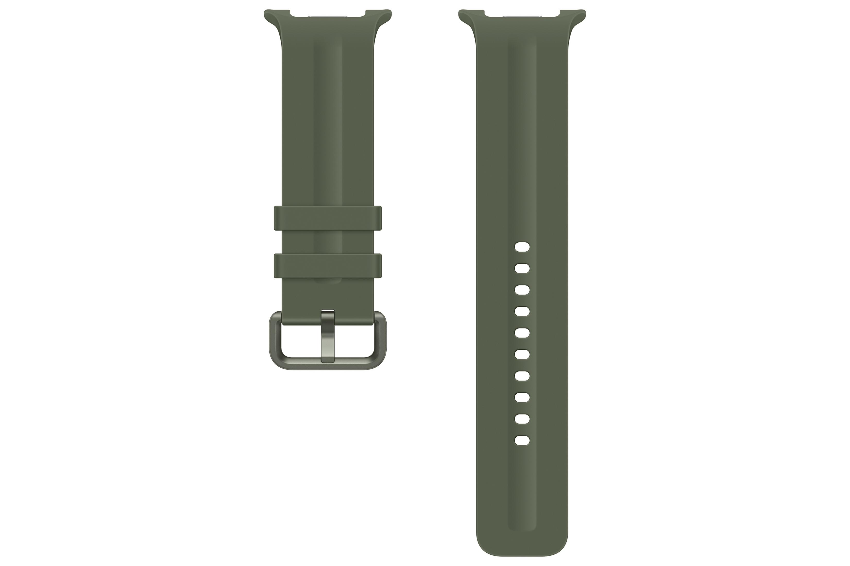 Un cinturino per orologio in silicone verde oliva con fibbia e fori.