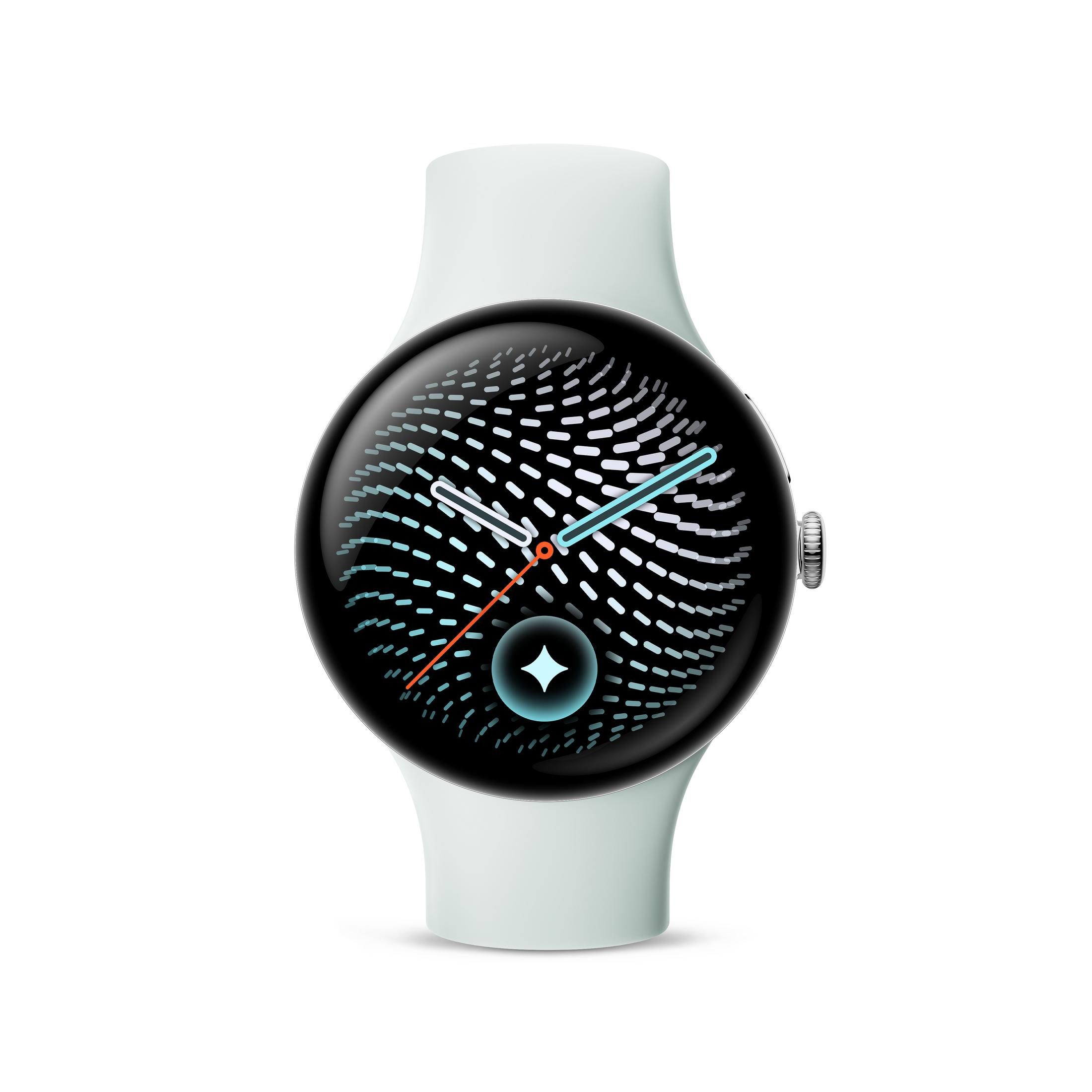 Uno smartwatch bianco con display circolare che mostra un motivo a punti astratto e le lancette.