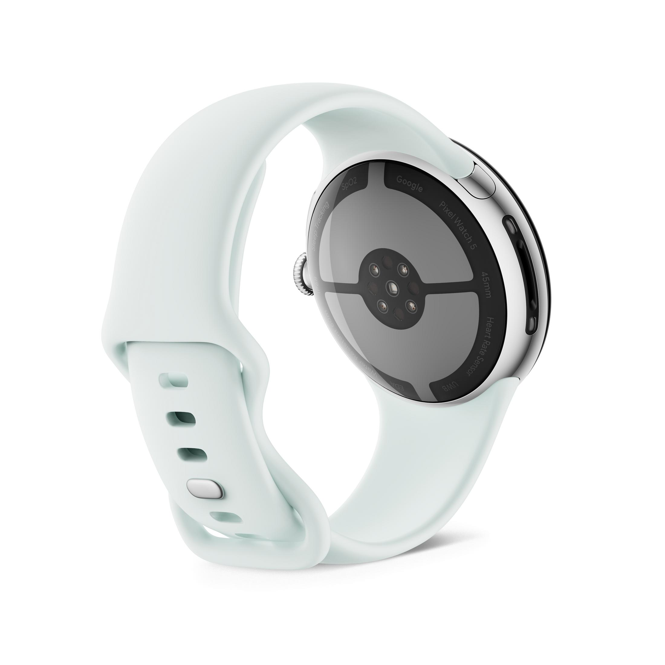 Retro di un Google Pixel Watch con cinturino in silicone azzurro su sfondo bianco.