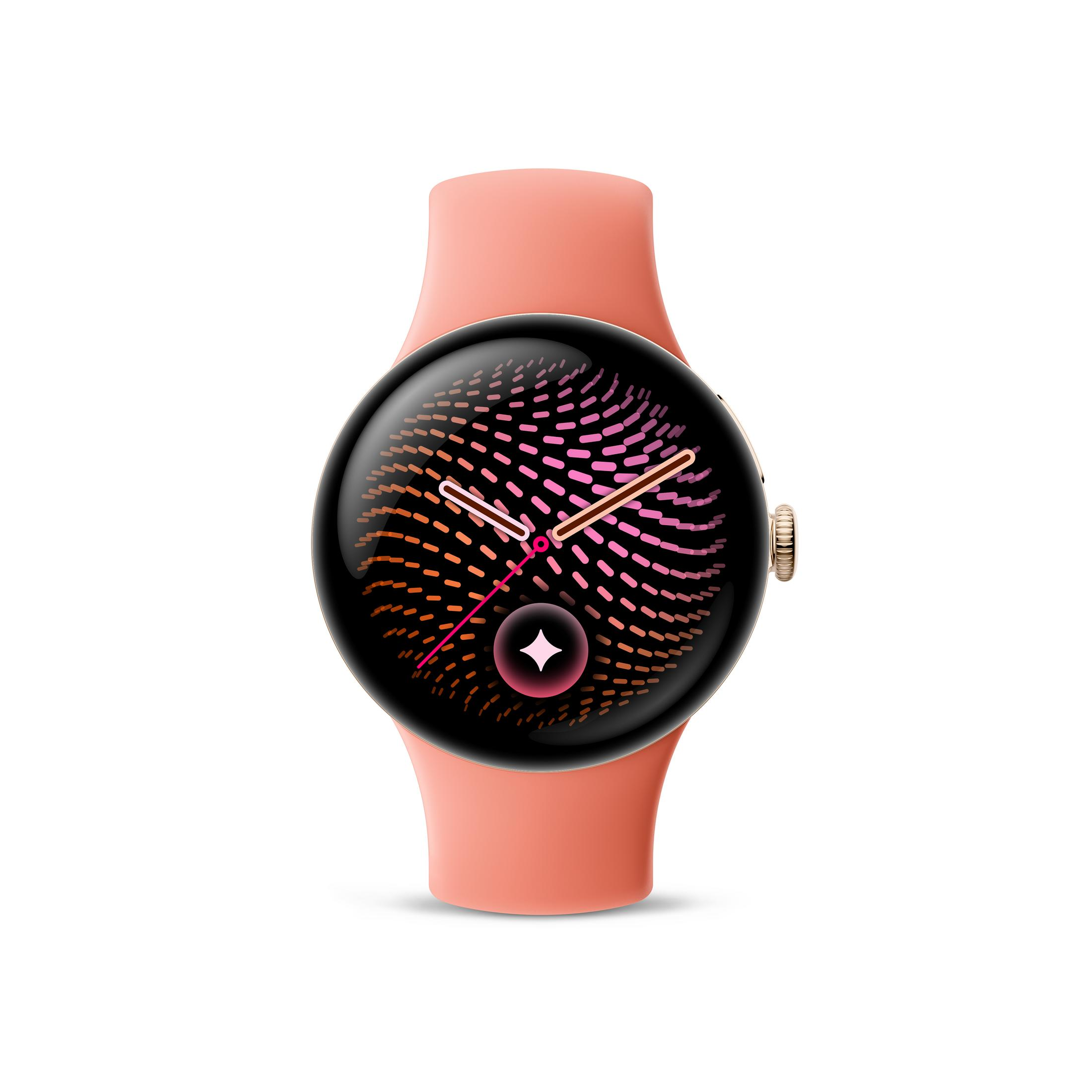 Un reloj inteligente rosa con pantalla redonda que muestra un patrón abstracto colorido y manecillas.