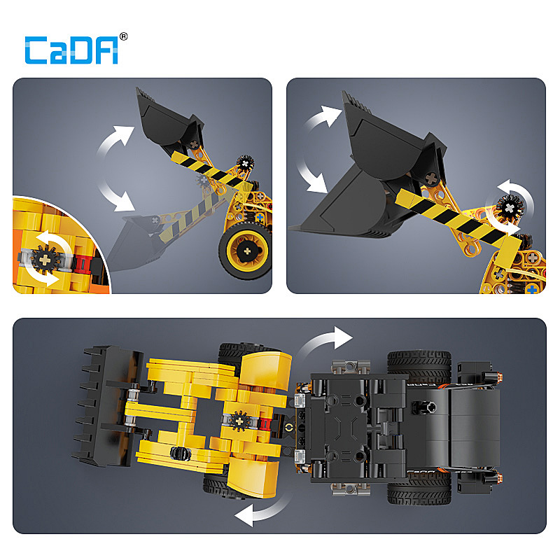 Verschiedene Ansichten eines gelb-schwarzen Lego-Baggers mit beweglichem Arm und Schaufel.