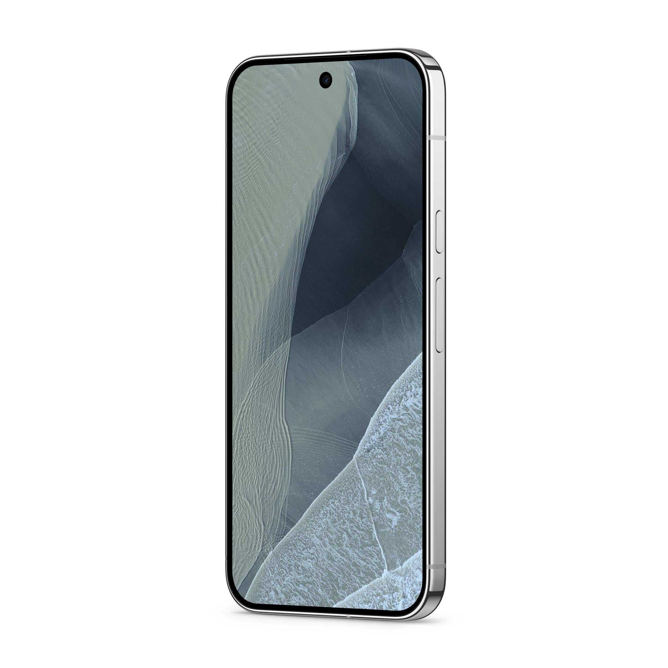 Srebrny smartfon z tapetą w fale w widoku z przodu pod kątem na białym tle.