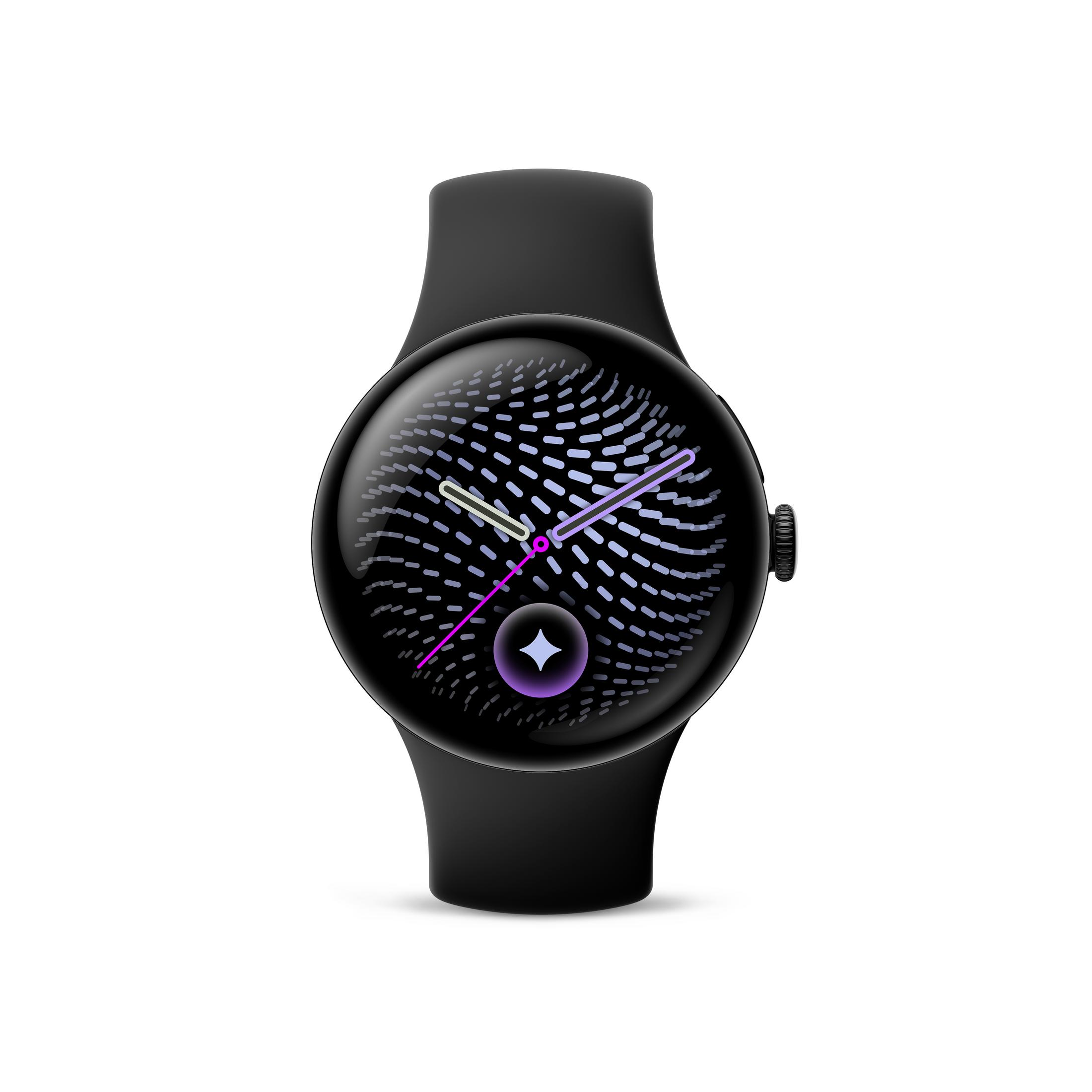 Reloj inteligente negro con pantalla redonda, esfera con patrón morado, agujas analógicas y botón lateral.