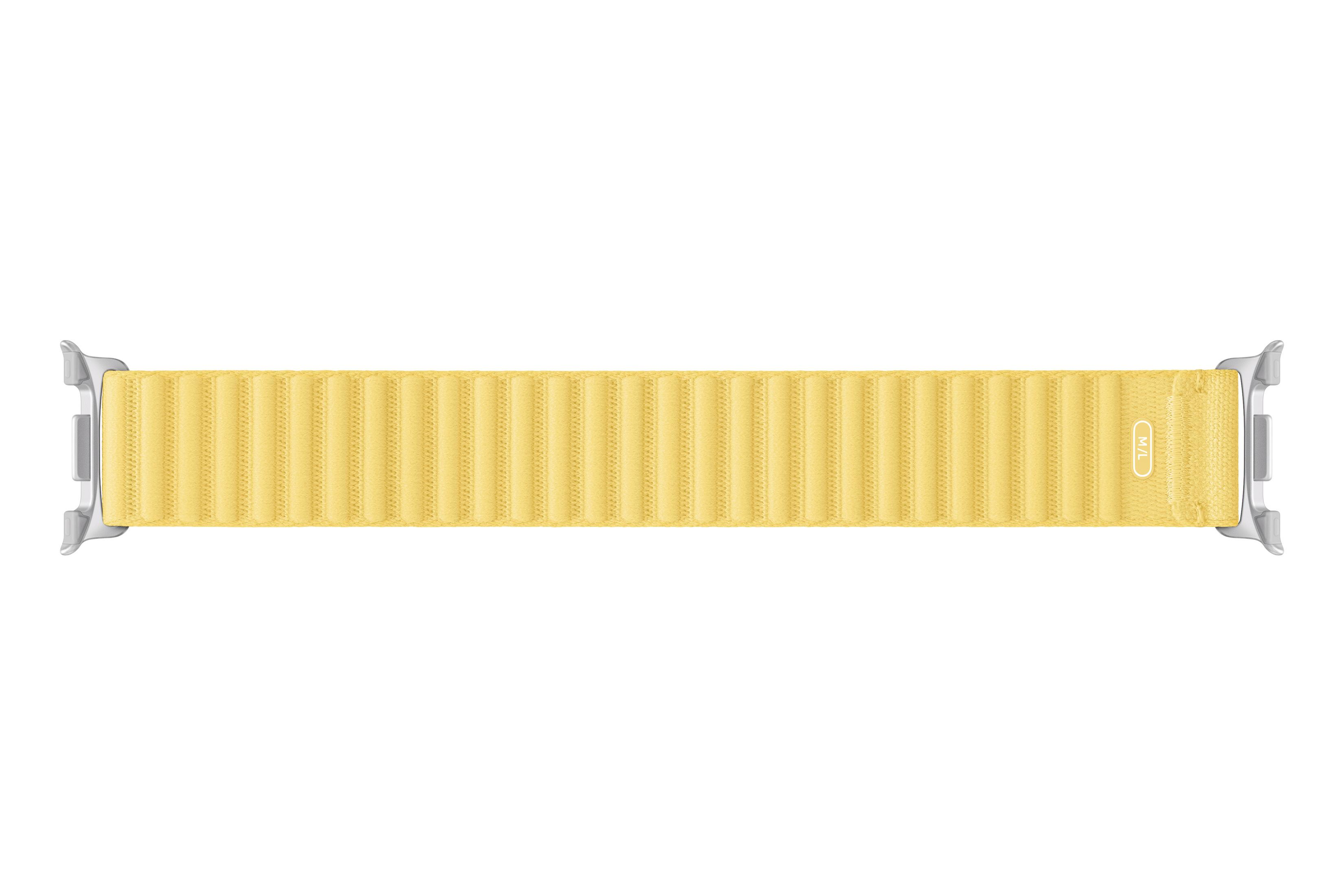 Una correa amarilla Apple Watch Alpine Loop con conectores plateados sobre fondo blanco.