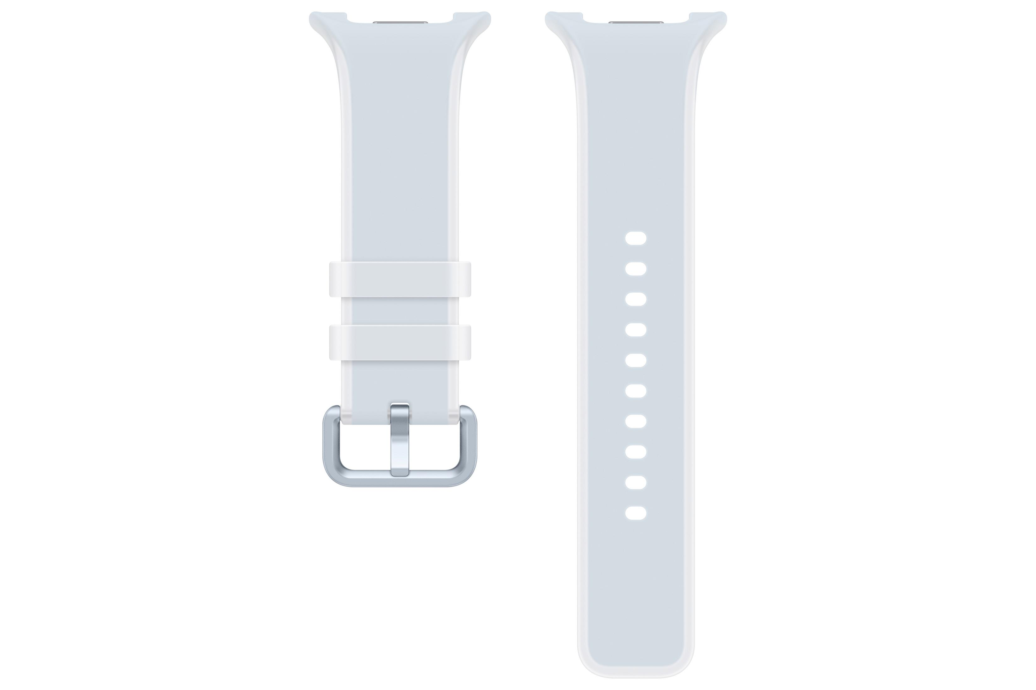 Un cinturino per orologio in silicone bianco con fibbia in metallo su sfondo bianco.