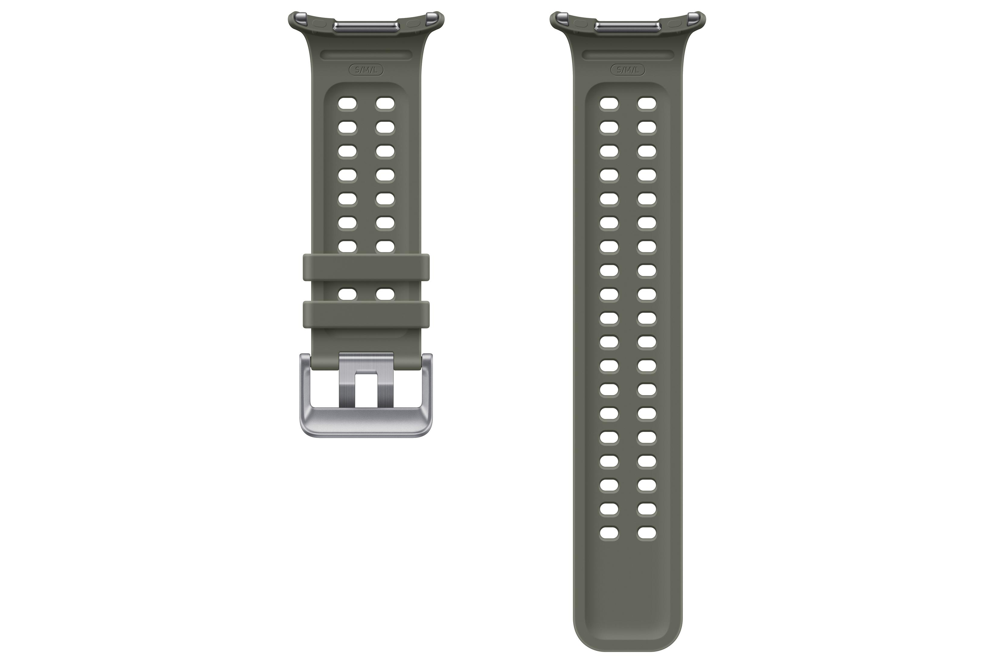 Cinturino sportivo in silicone verde con fibbia argentata e doppia fila di fori su sfondo bianco.