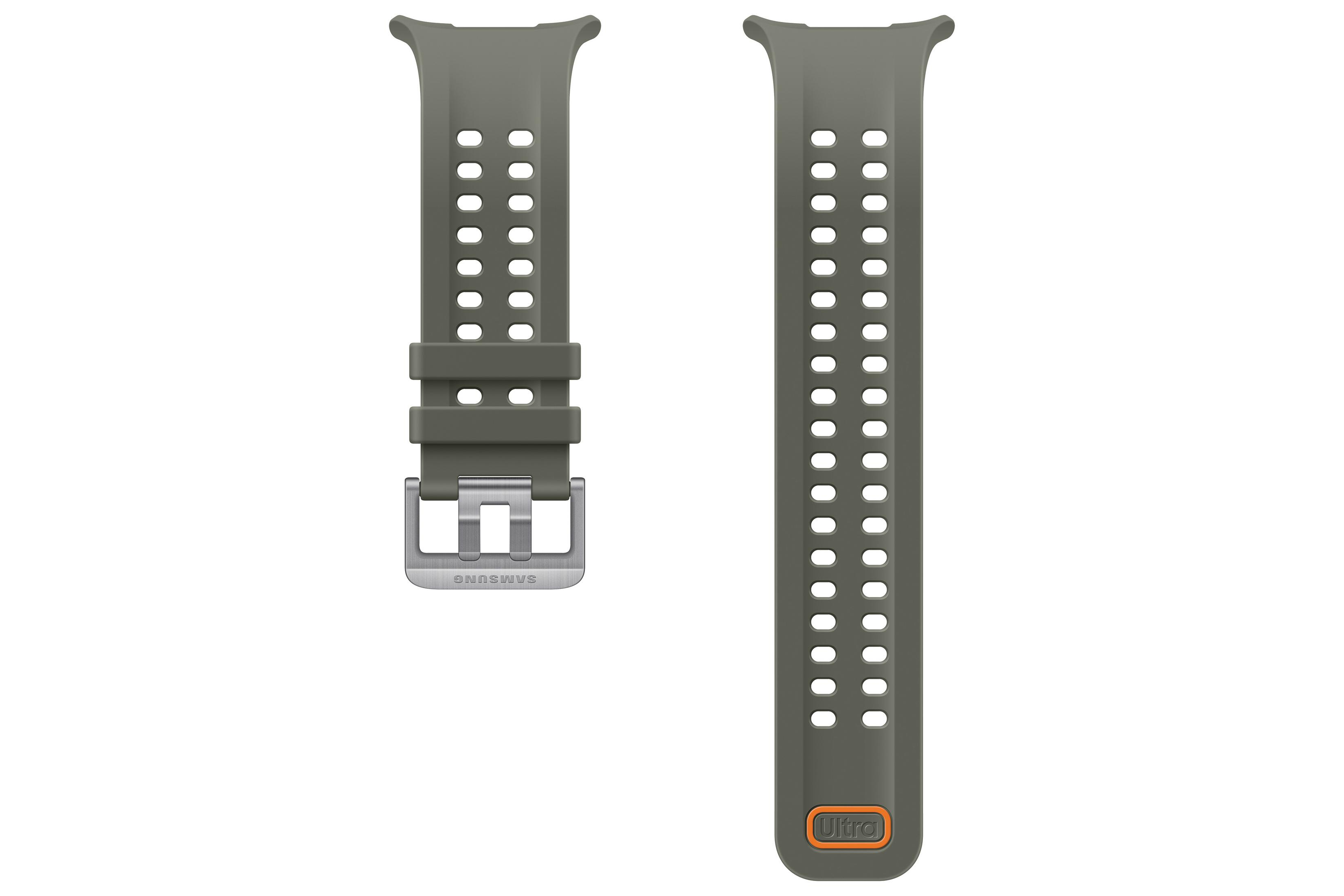 Cinturino per orologio in silicone grigio con perforazione, due passanti e fibbia in metallo su sfondo bianco.