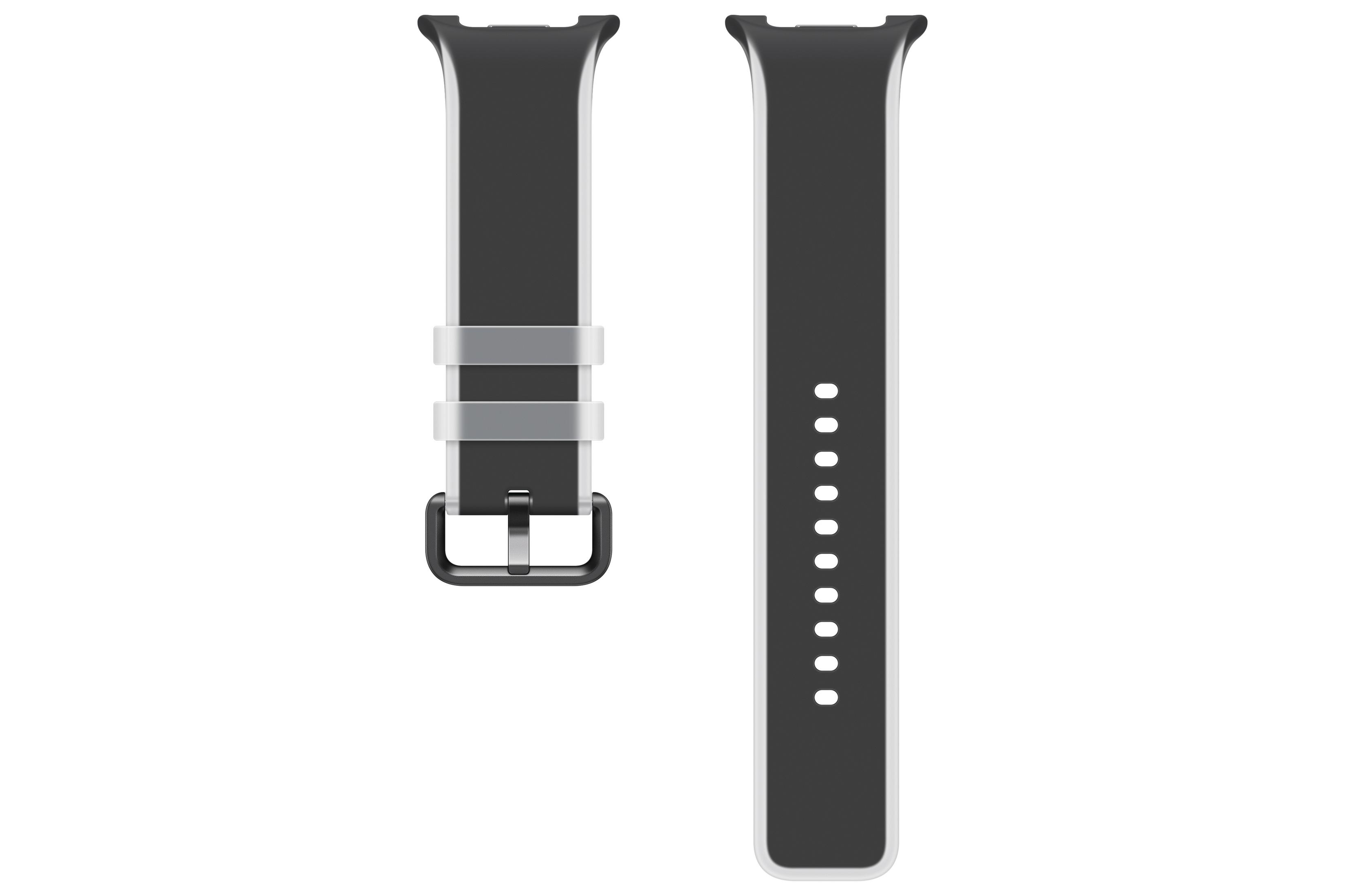 Cinturino per smartwatch in silicone nero in due pezzi con fibbia e fori su sfondo bianco.
