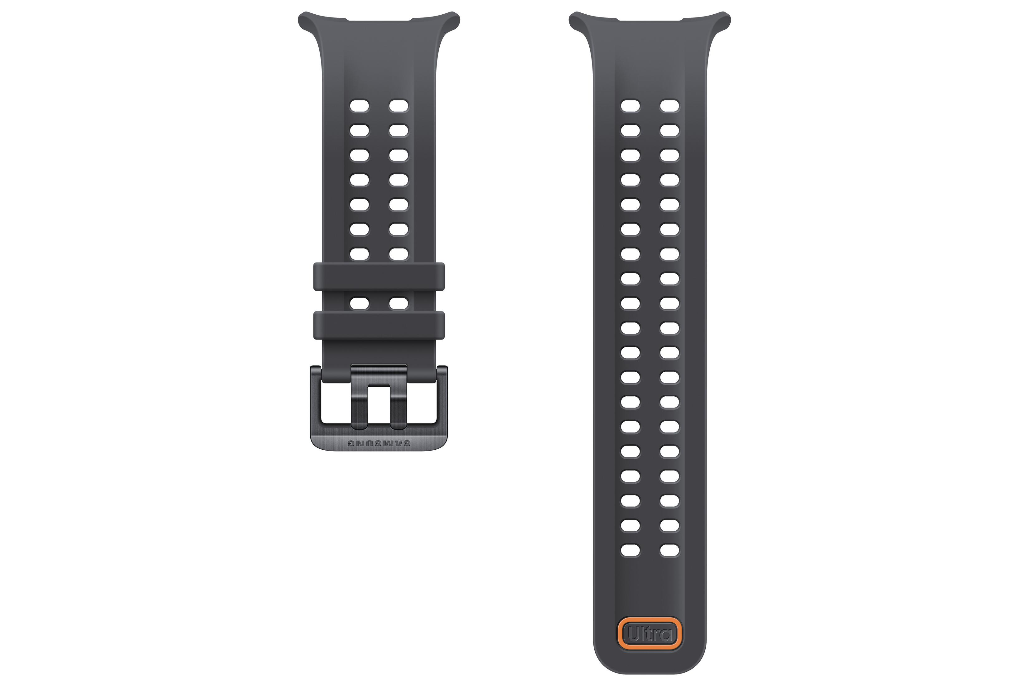 Cinturino per orologio in silicone grigio scuro Samsung Ultra con fibbia e fori di ventilazione, su sfondo bianco.