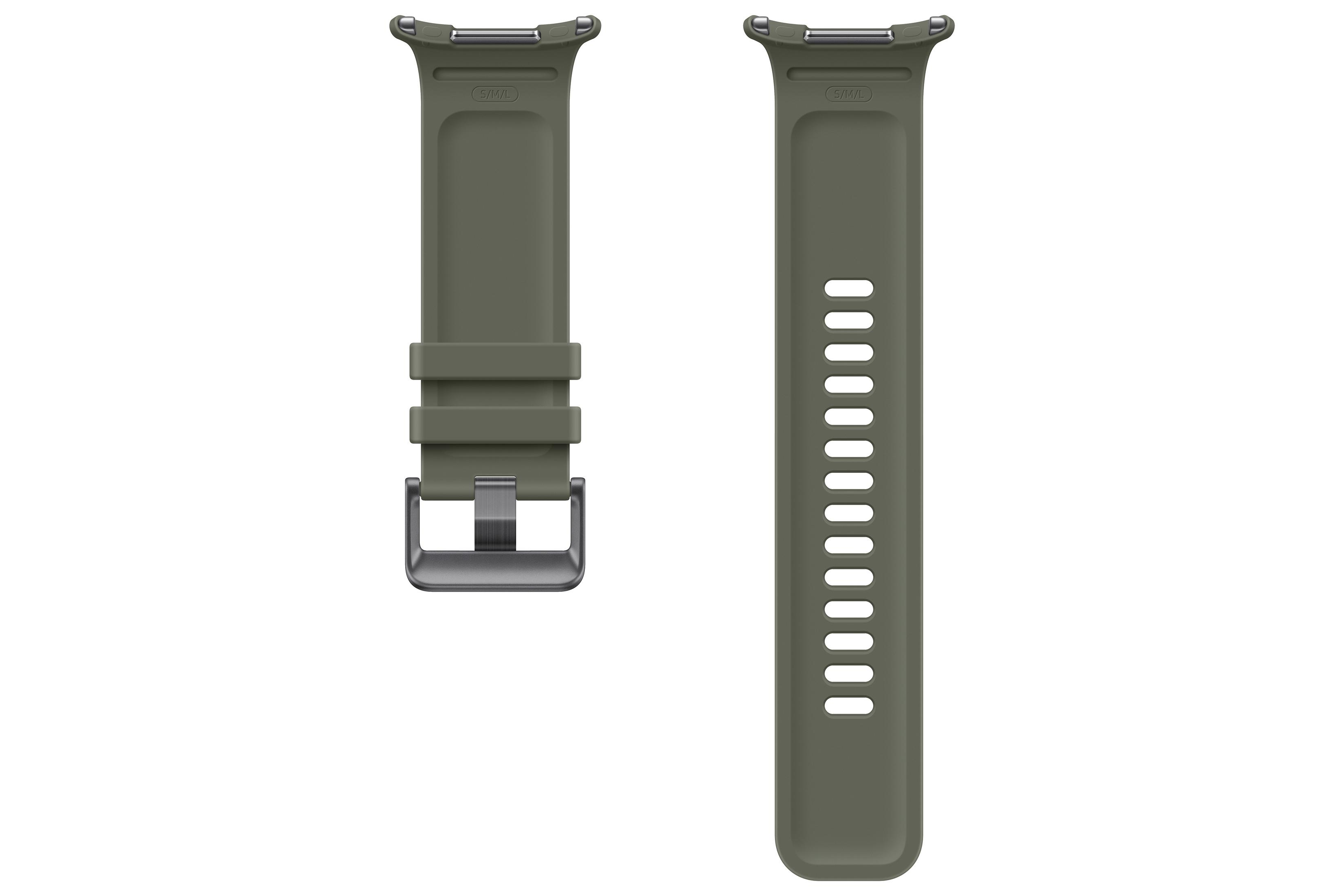 Un cinturino per smartwatch in silicone verde oliva con fibbia argento su sfondo bianco.