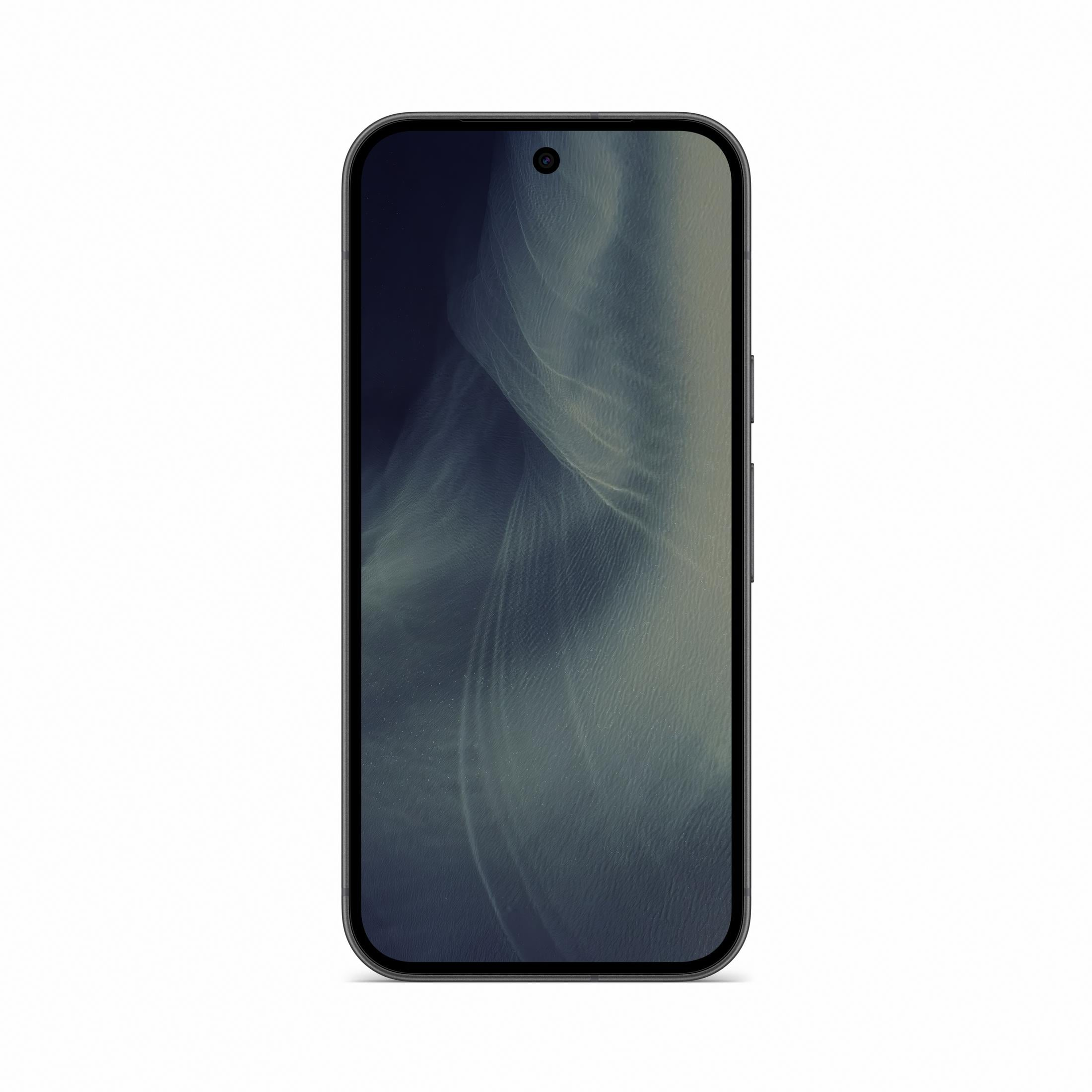 Smartfon w ciemnej ramce z falistym, ciemnym tłem ekranu na białym tle.