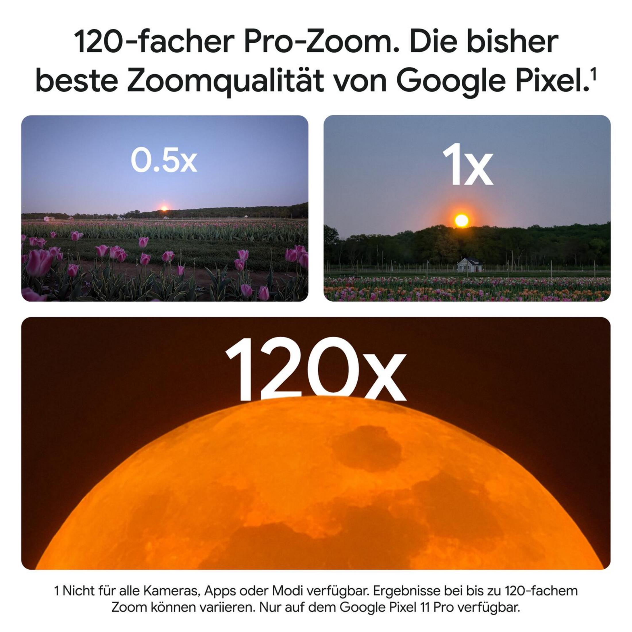 Obrazy porównawcze z powiększeniem 0,5x, 1x i 120x przedstawiające zachód słońca nad polem tulipanów oraz księżyc.