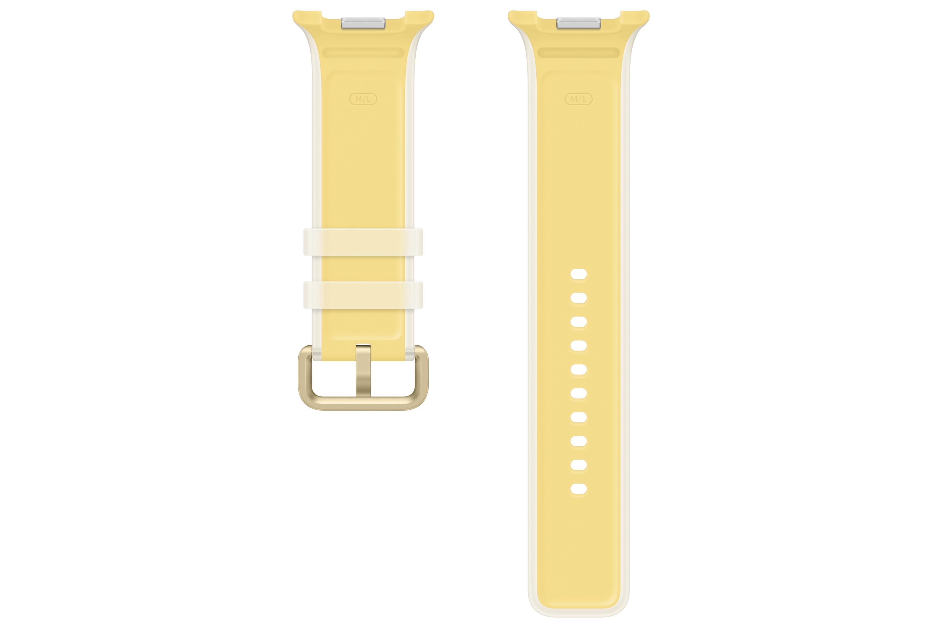 Un cinturino per smartwatch in silicone giallo e bianco con fibbia dorata su sfondo bianco.
