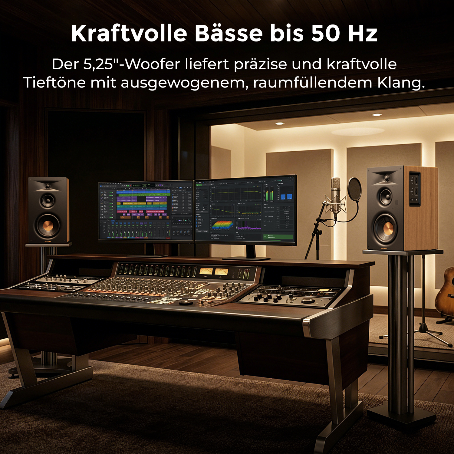 Studio di registrazione con console di mixaggio, doppio monitor, casse e microfono.